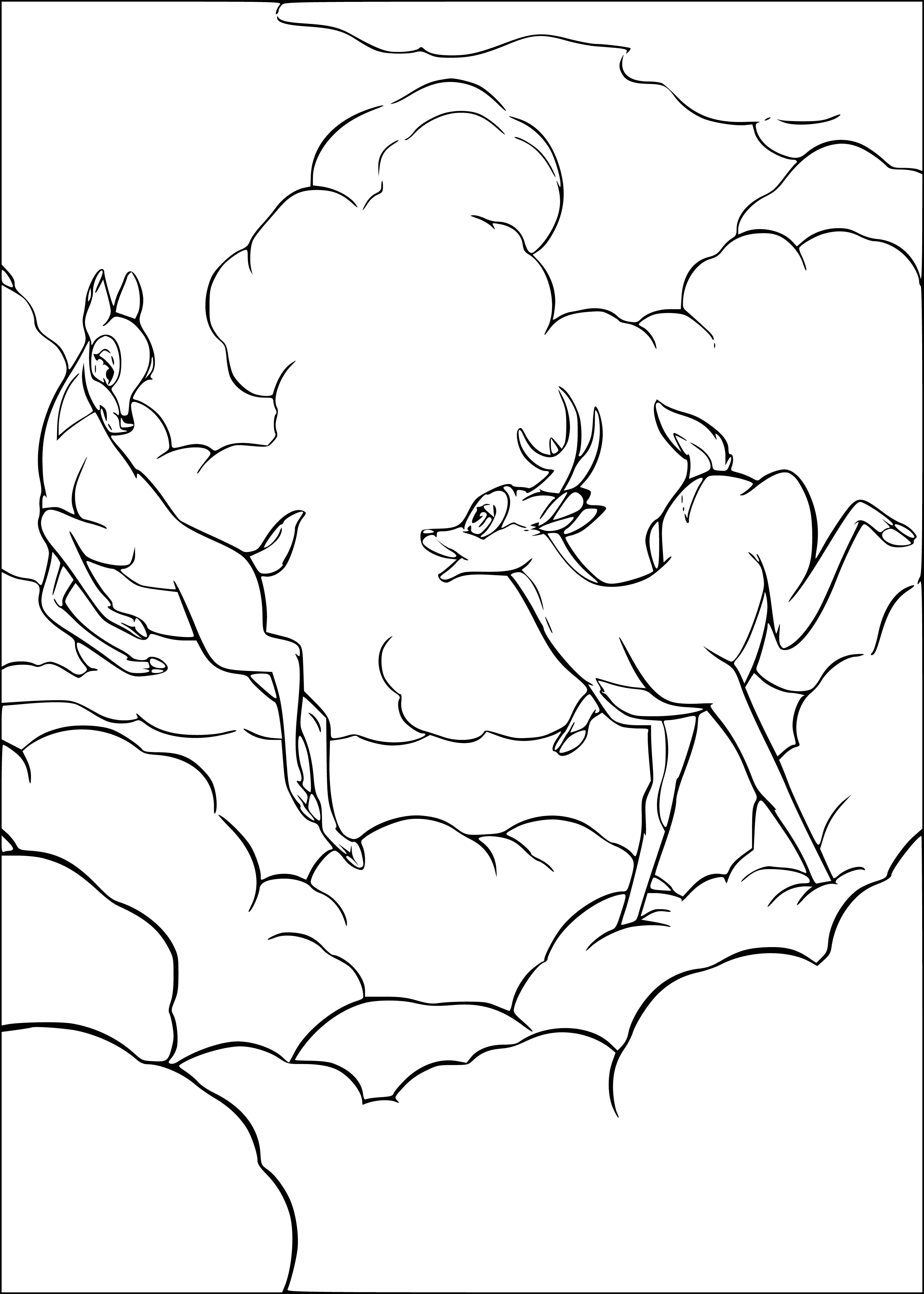 coloring page: Deer in wooded setting has brown coat, white spots, large ears & long neck, facing left.