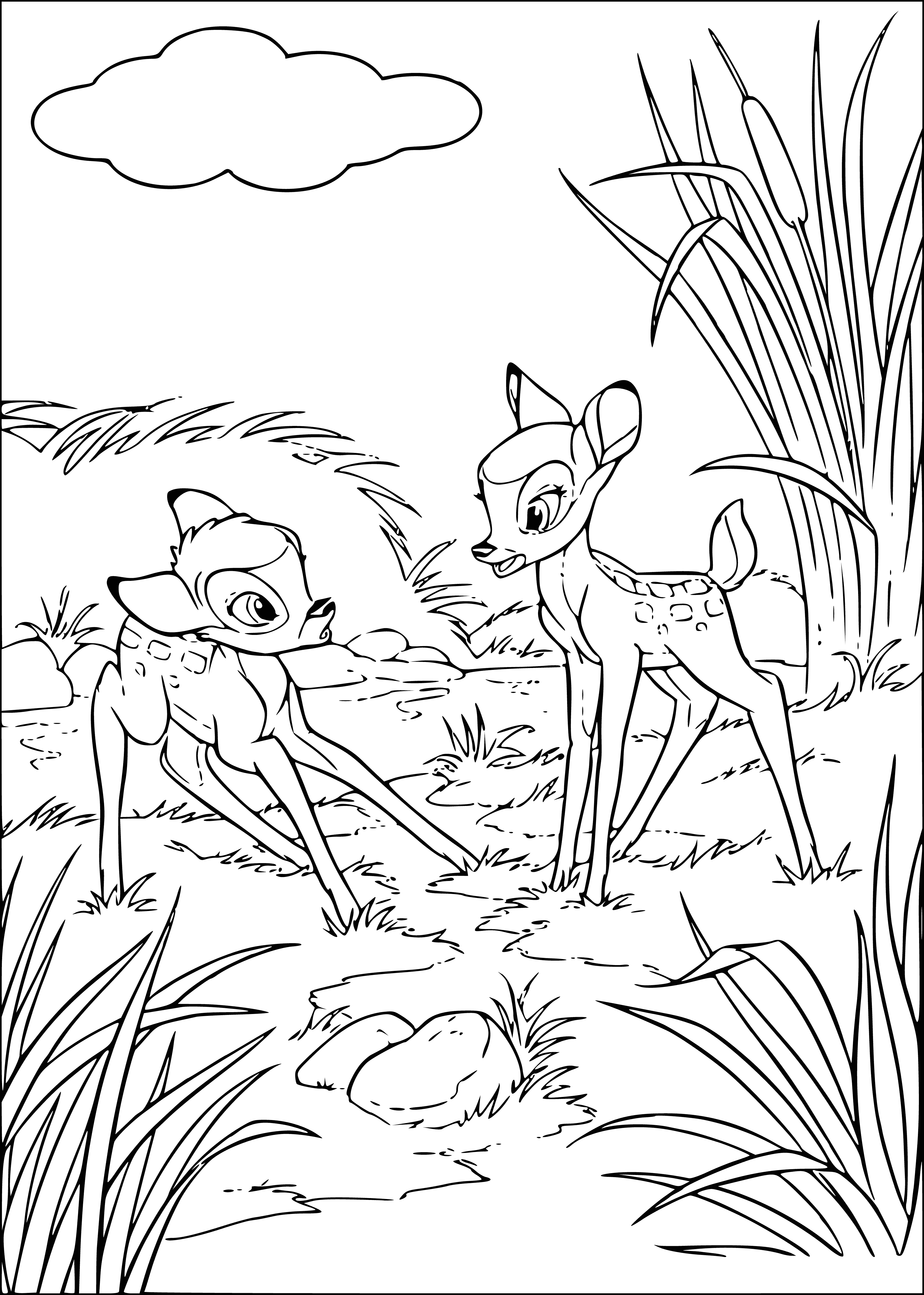 coloring page: Fawn and bird share a peaceful moment on the forest floor—the fawn resting and the bird looking down with its head tilted.