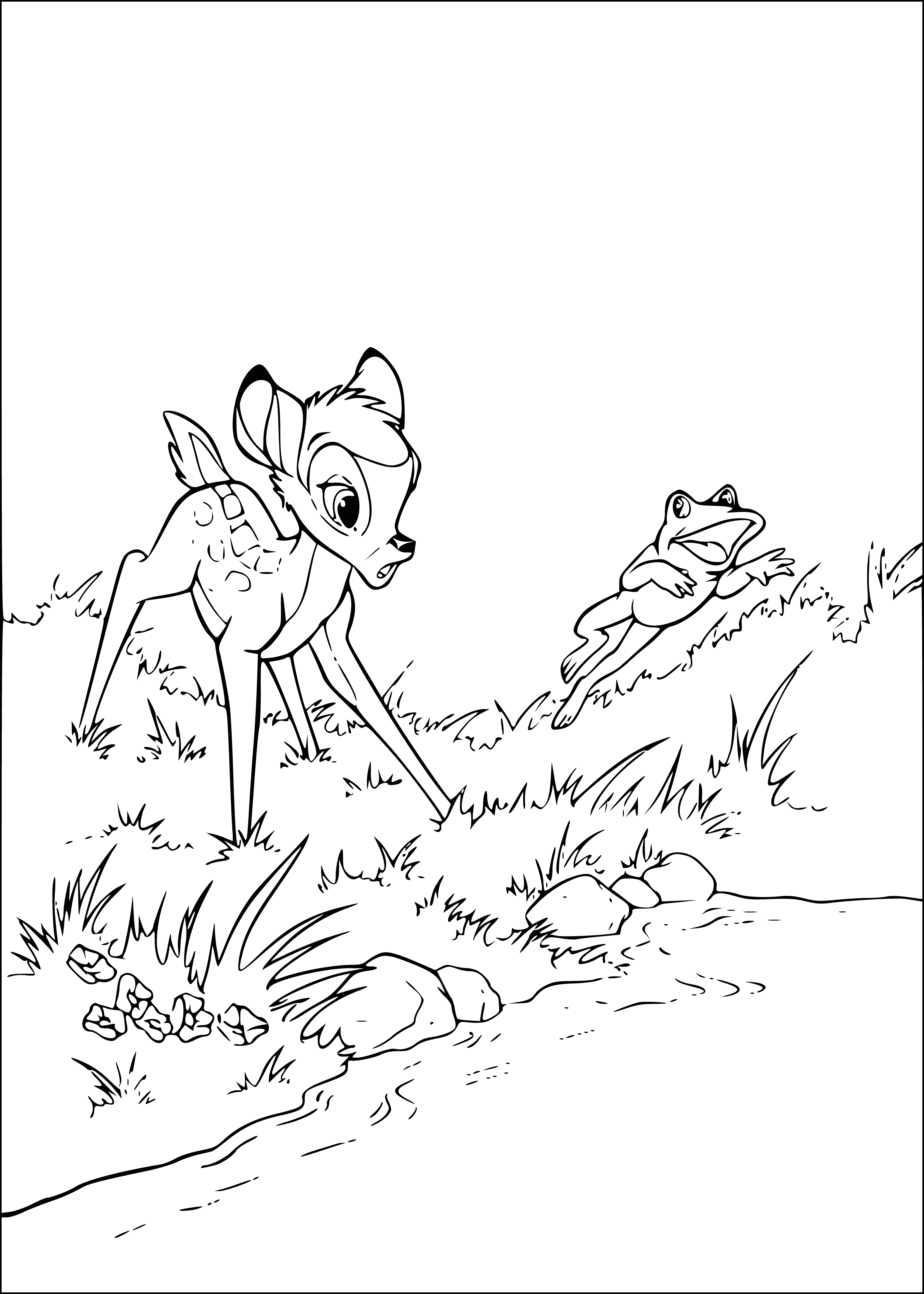coloring page: Bambi and a frog standing in a sunny, flowery forest. Bambi looks curious and happy, frog a bit nervous. #ColoringPage