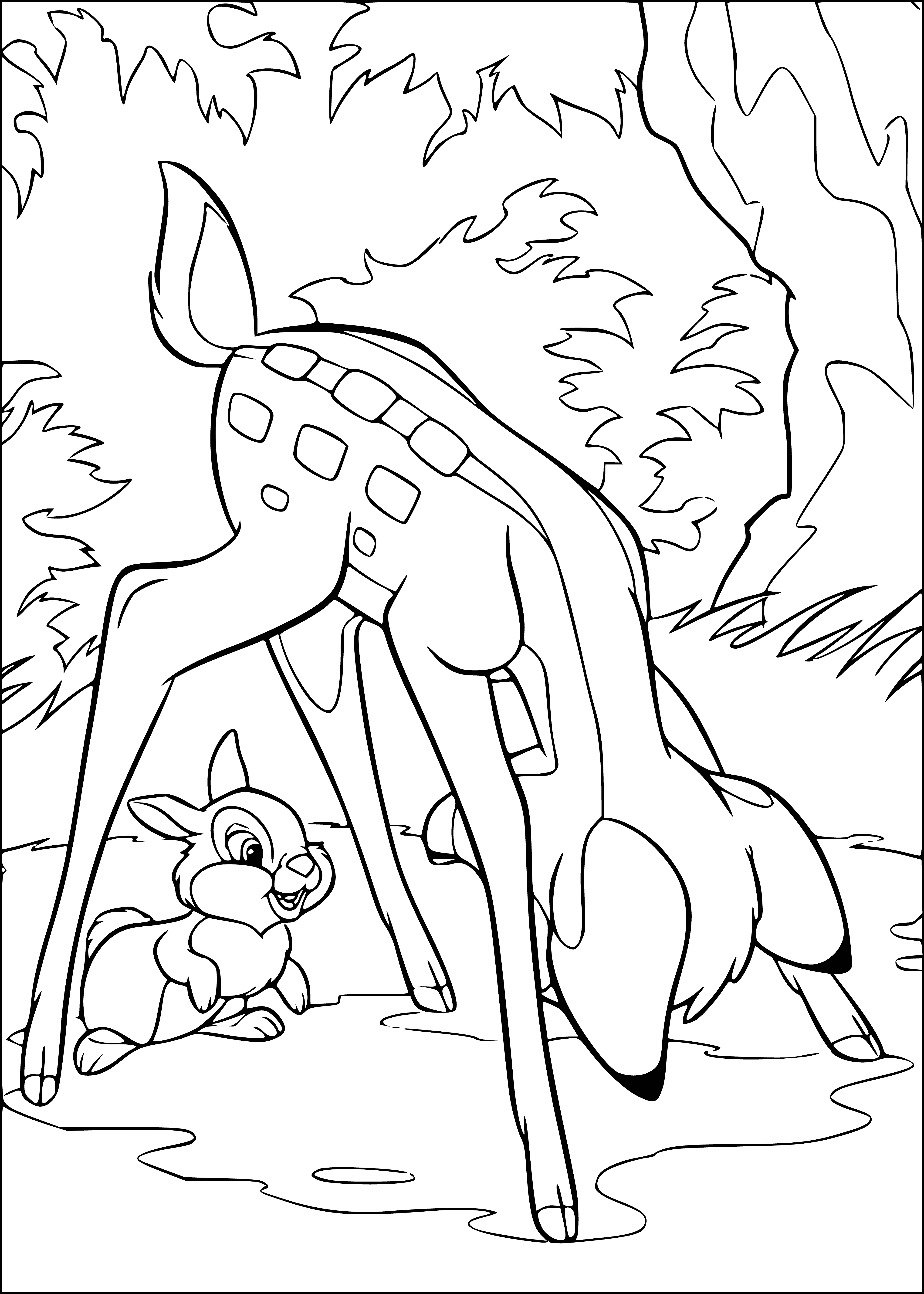 coloring page: Two brown mammals - Bambi & hare - stand & sit, looking like they're about to touch noses in a cute coloring page.