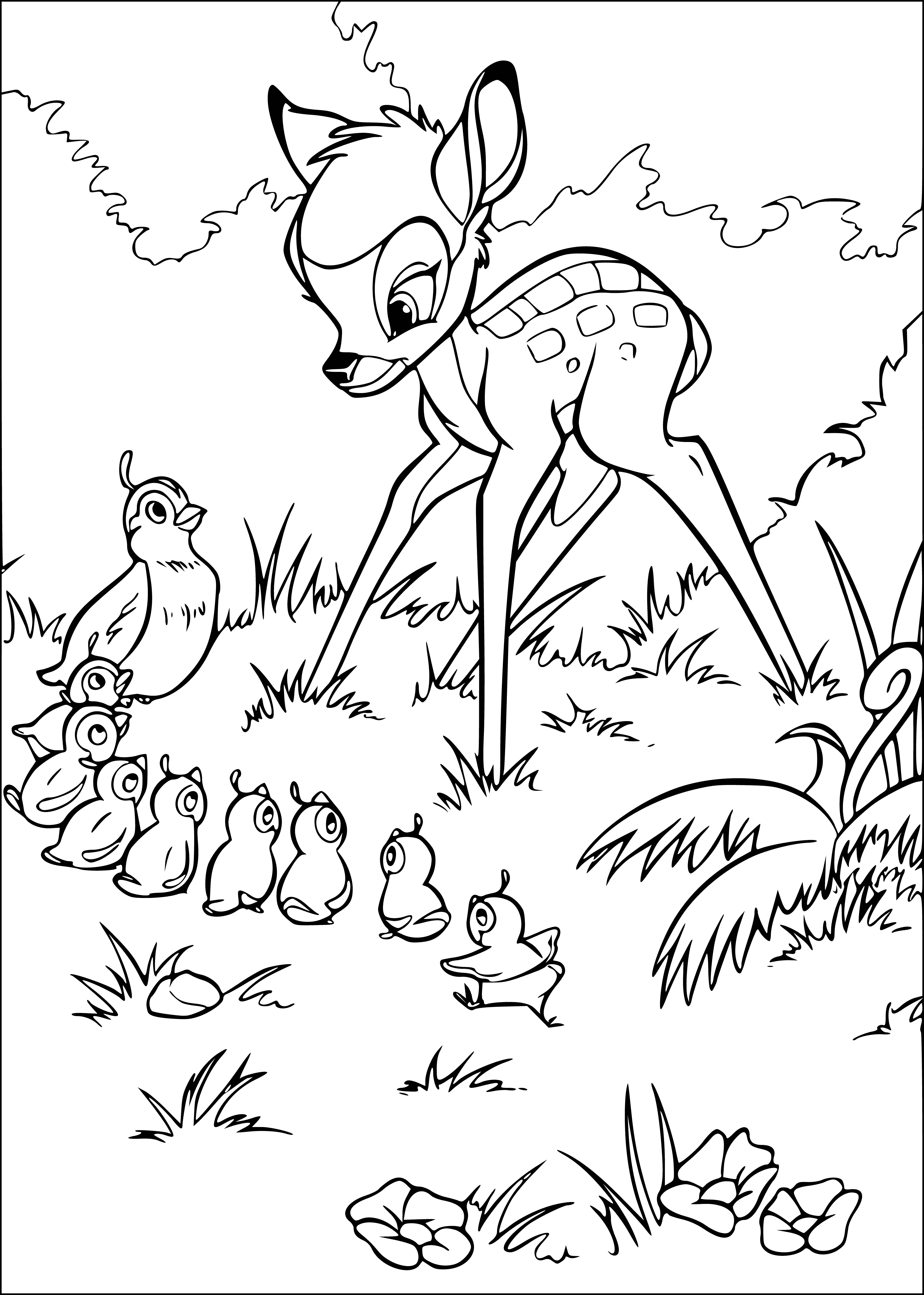 coloring page: Furry brown Bambi stands on a log, looking up as birds fly around in a circle.