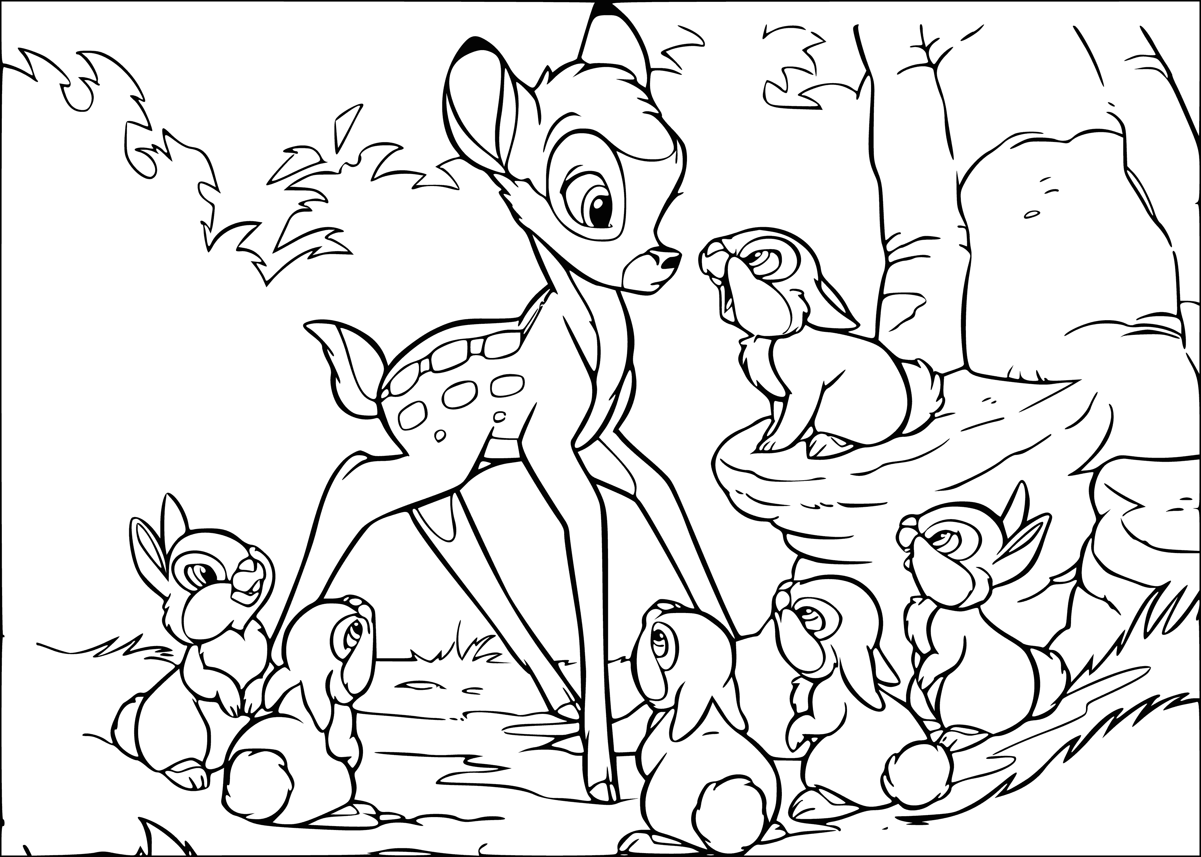 coloring page: A hare and a deer, the former ready to run, are featured in a coloring page. The deer looks with big brown eyes.
