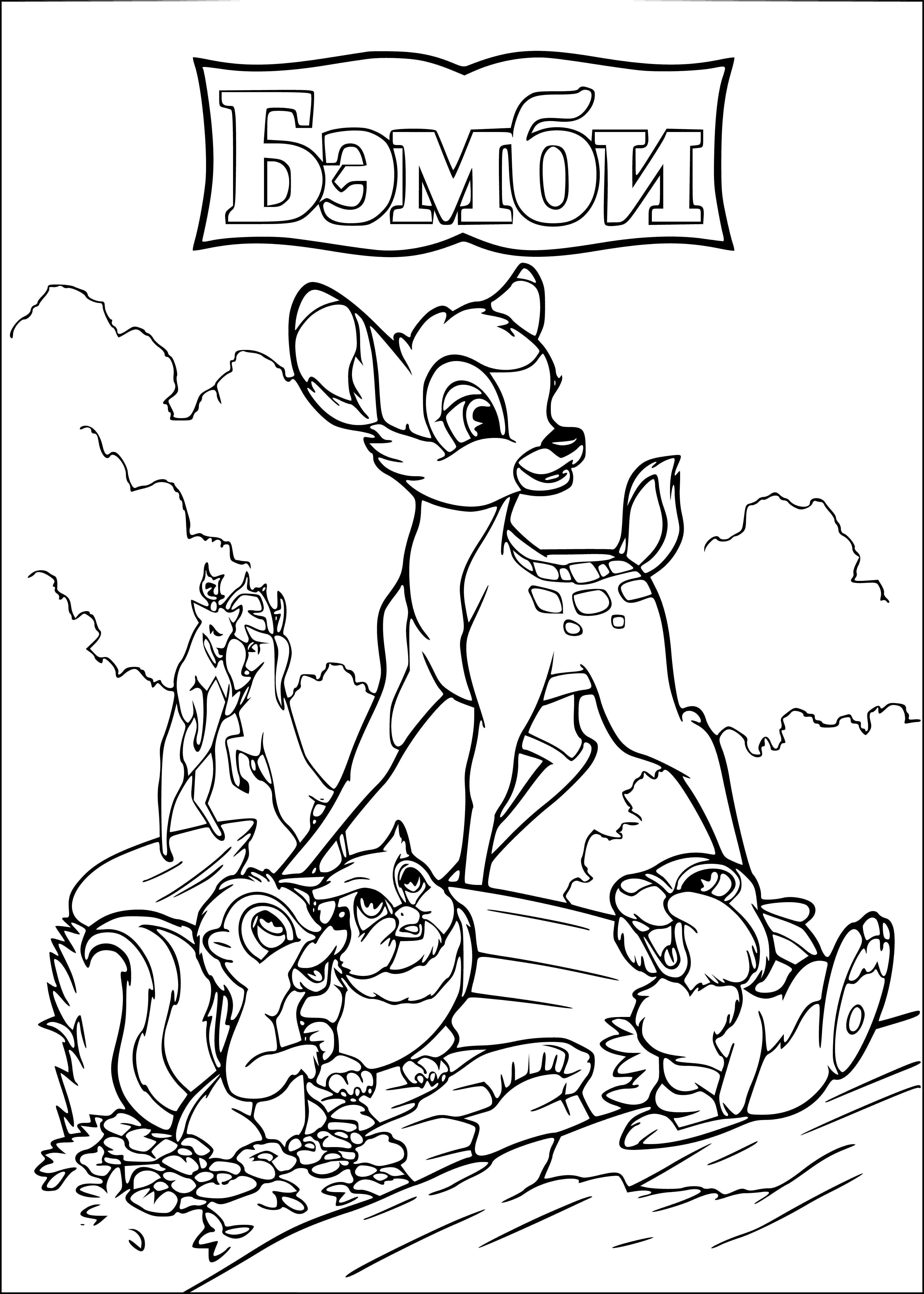 coloring page: Fawn in clearing in a green forest w/ trees, bushes; brown w/ white spots, big brown eyes, short tail, standing on four legs, blue sky.