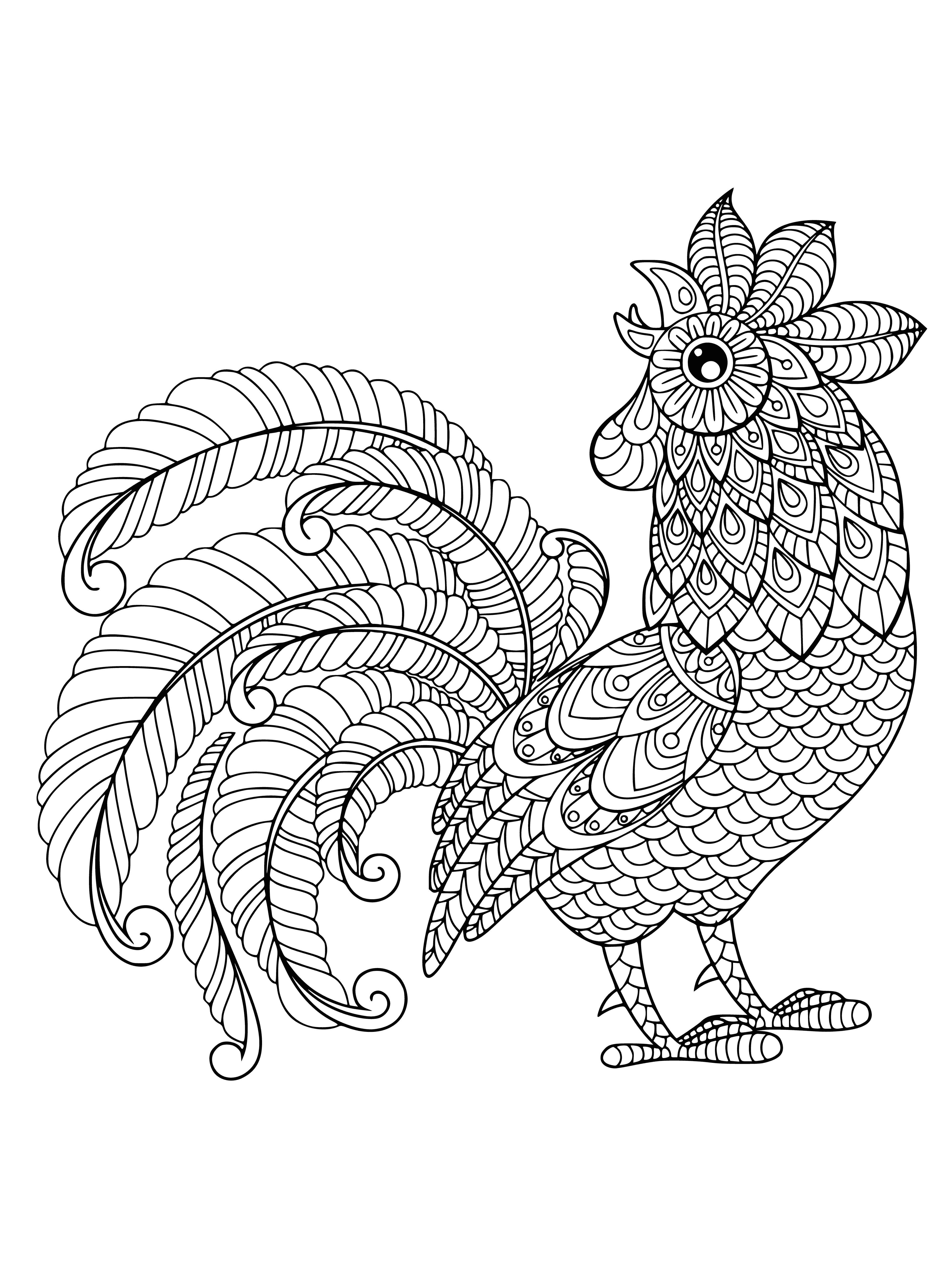 coloring page: An ornately crowned rooster surrounded by colorful flowers on a blue background. #coloring #roostercrowing