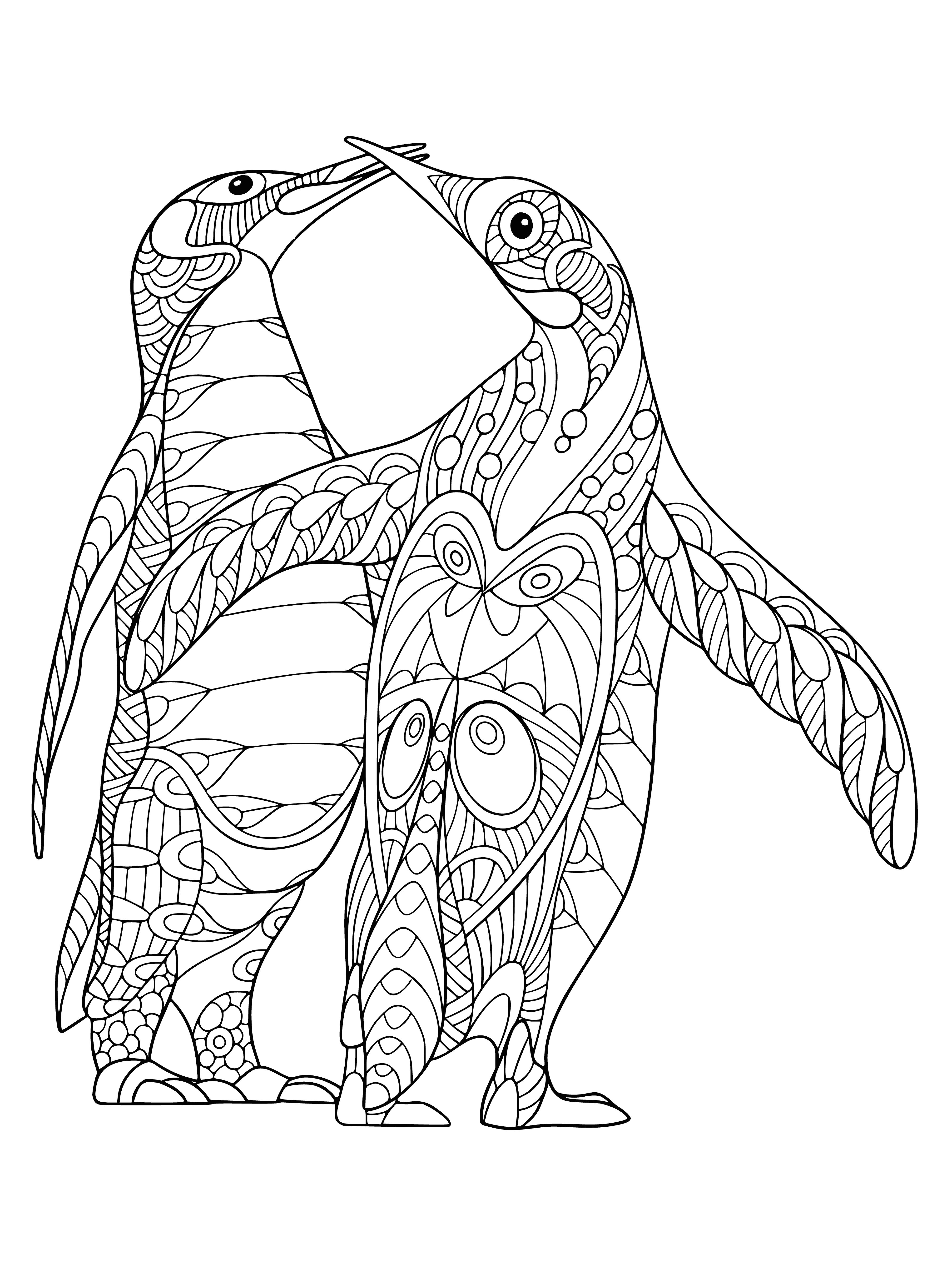 coloring page: Two penguins swim in the ocean with their wings outstretched, surrounded by fish. #ColoringPages #Penguins #AntistressBirds