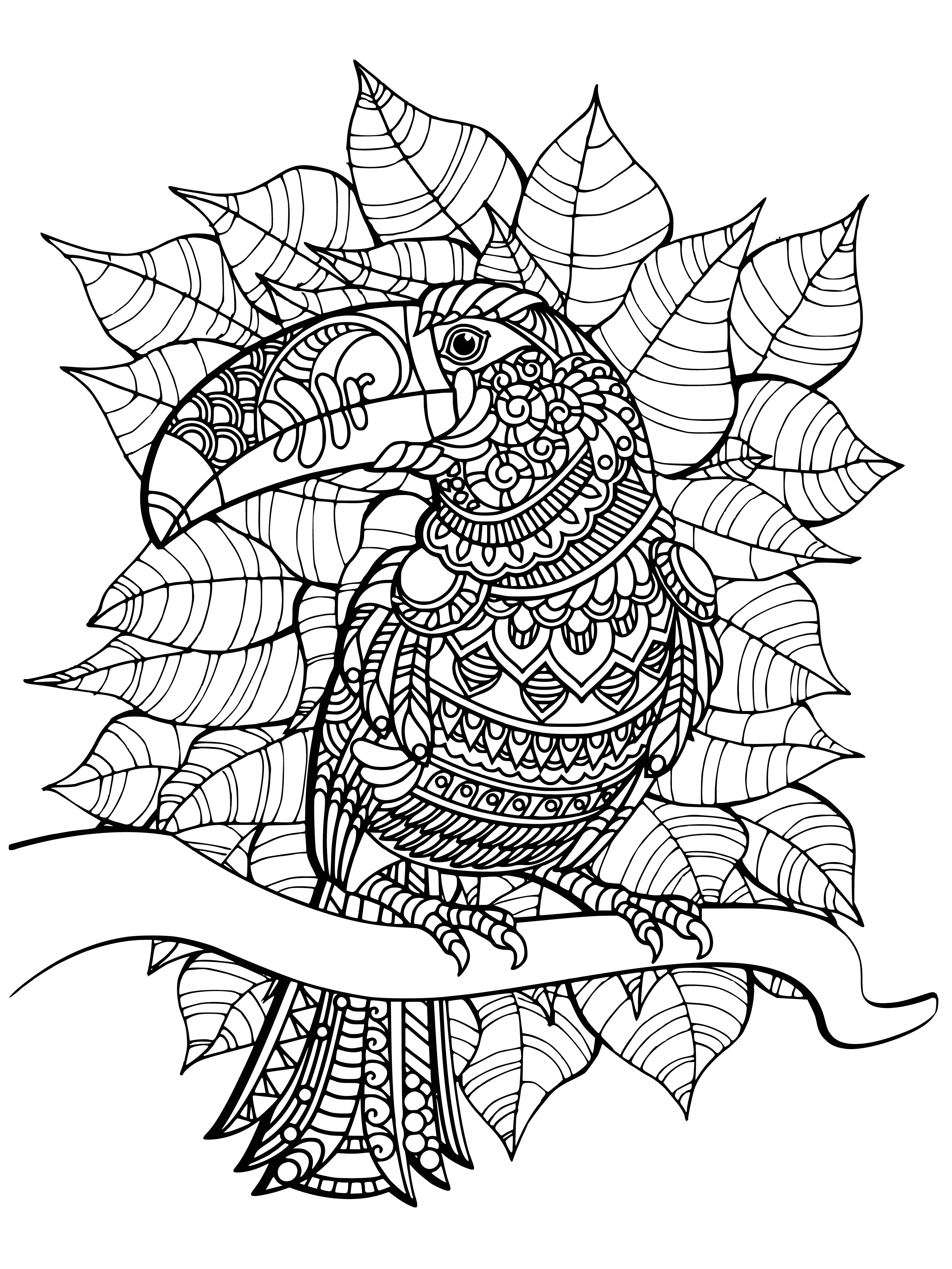 coloring page: A colorful toucan stands on a branch in the center with flowers surrounding it. Colors include yellow, orange, blue, and green.