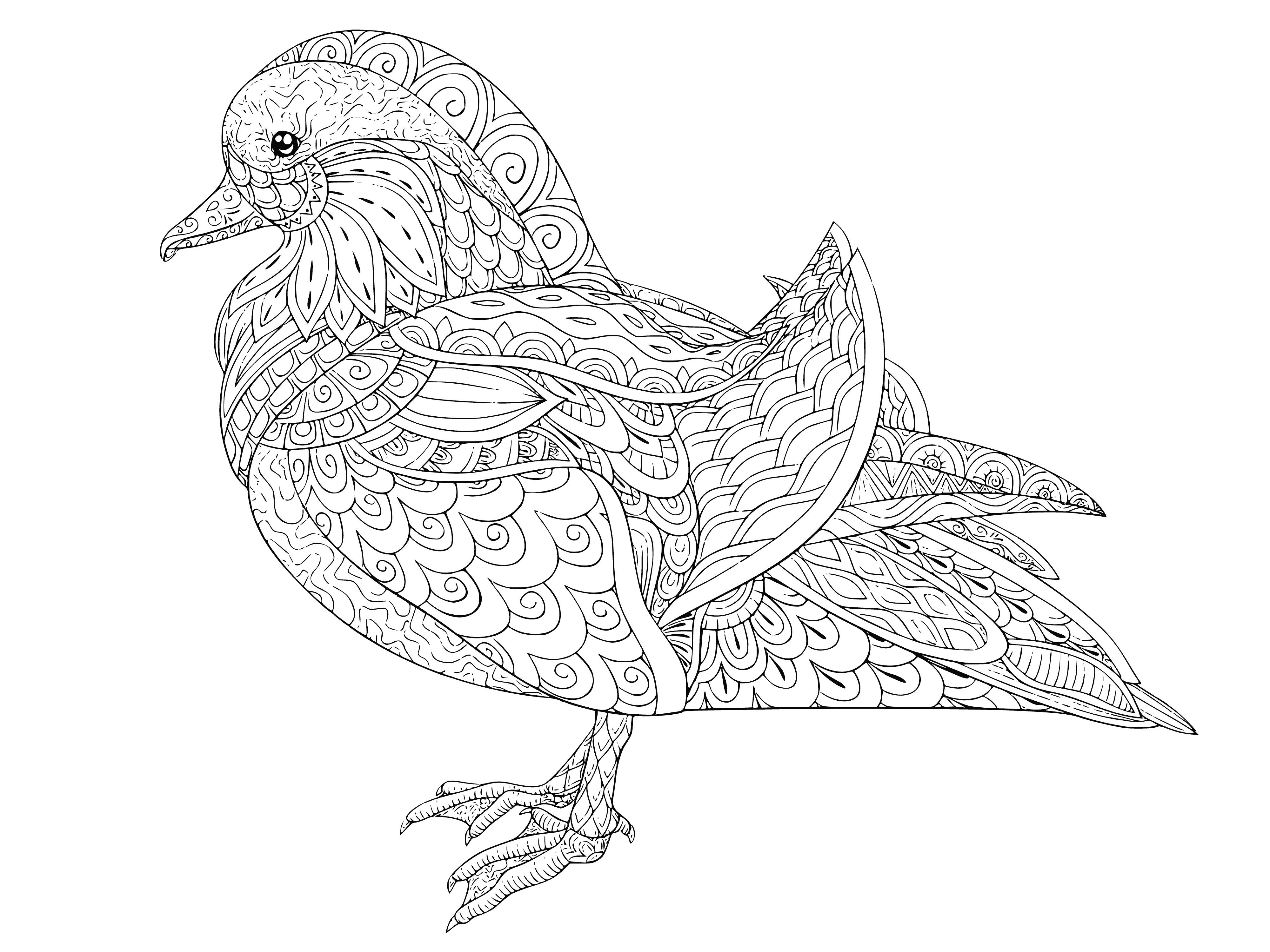 coloring page: A duck floats on a pond surrounded by lily pads, lotus flowers, and reeds. Its bill yellow, head green, body white with black spots.