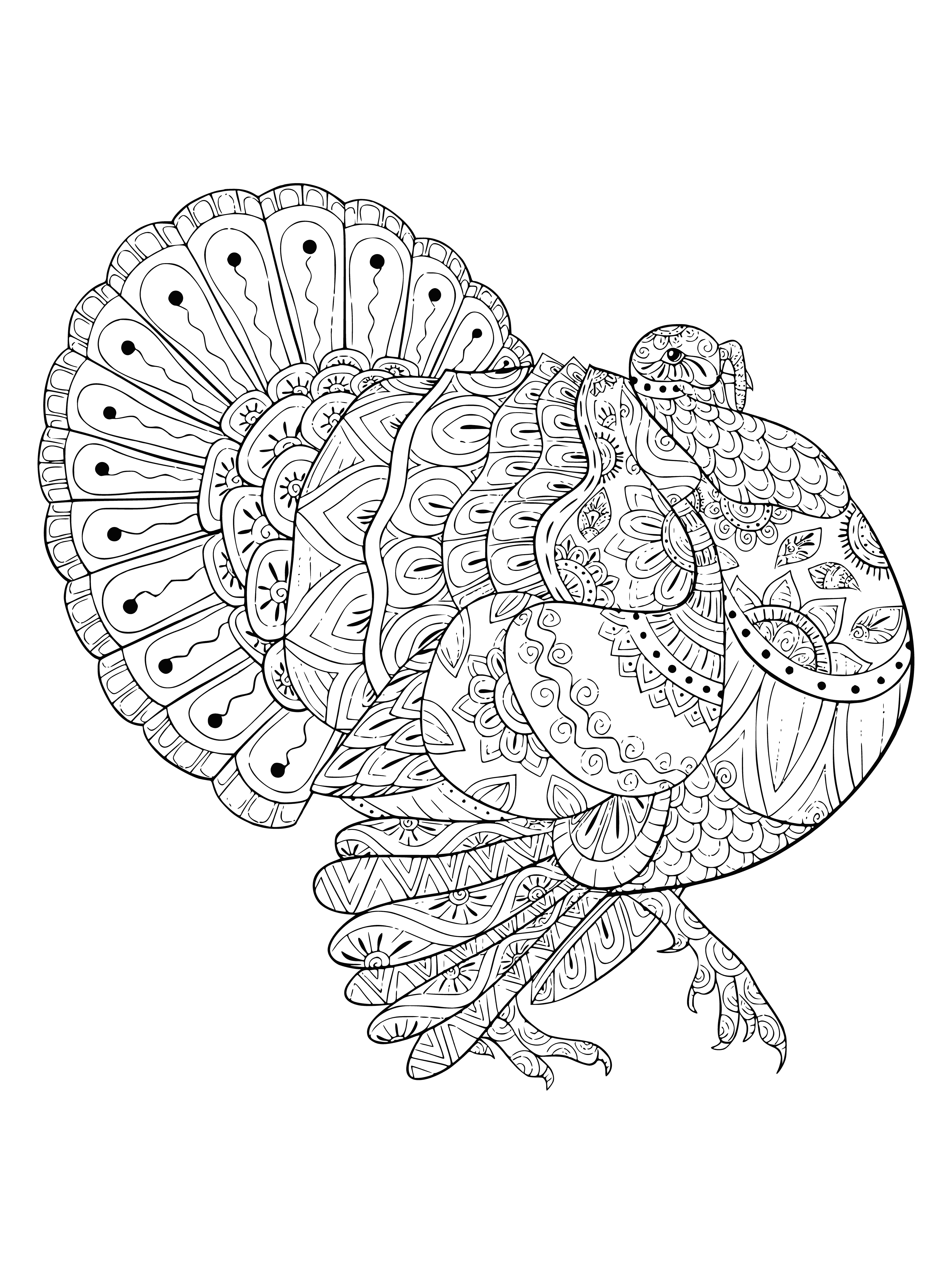 coloring page: Cartoon turkey with long legs, wings, tail, neck, beak, & black eyes has pattern of colors.