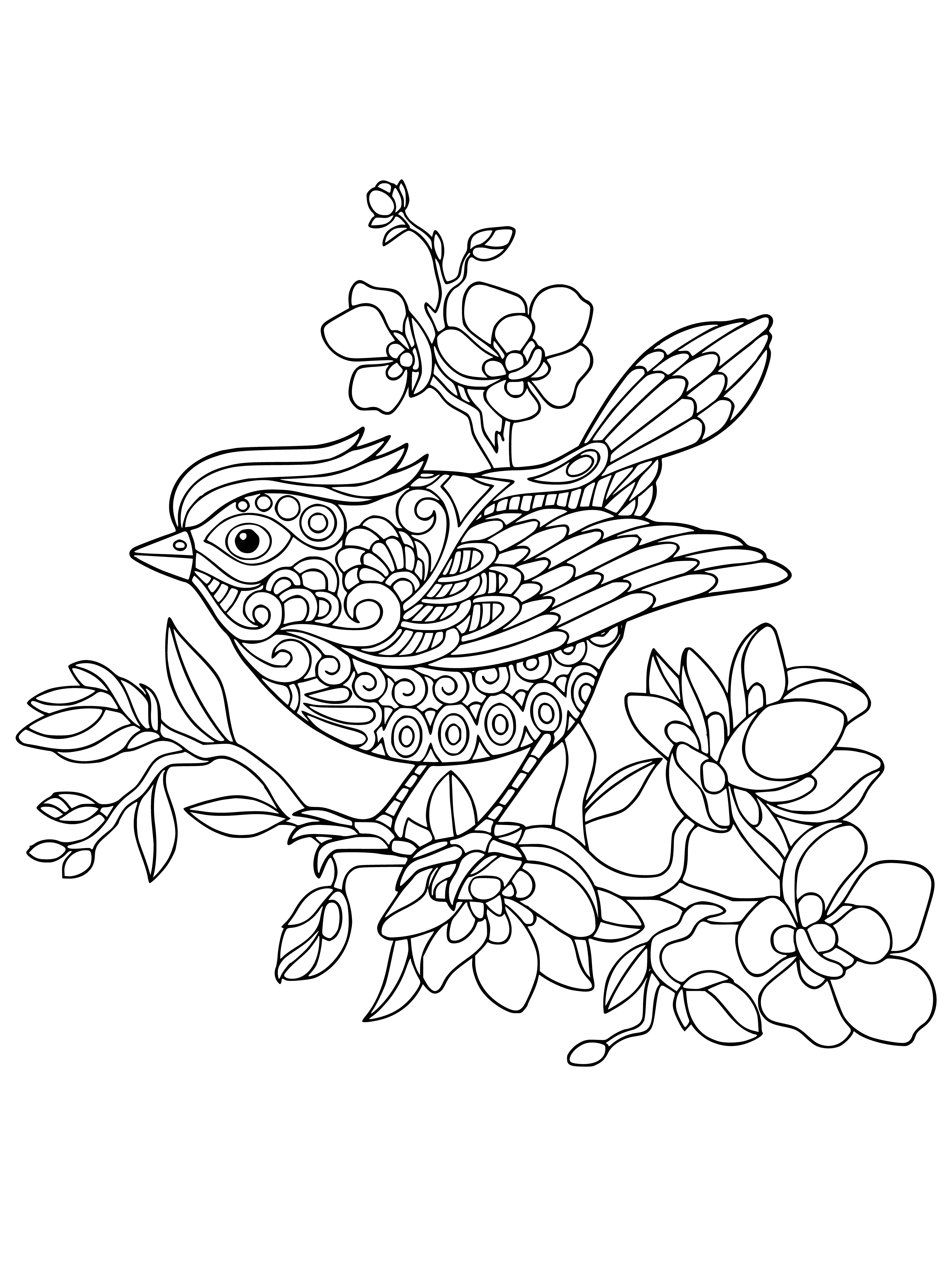 coloring page: A sparrow-like bird perched on a branch, black head w/ white stripe, warm brown body, pale cream underside.