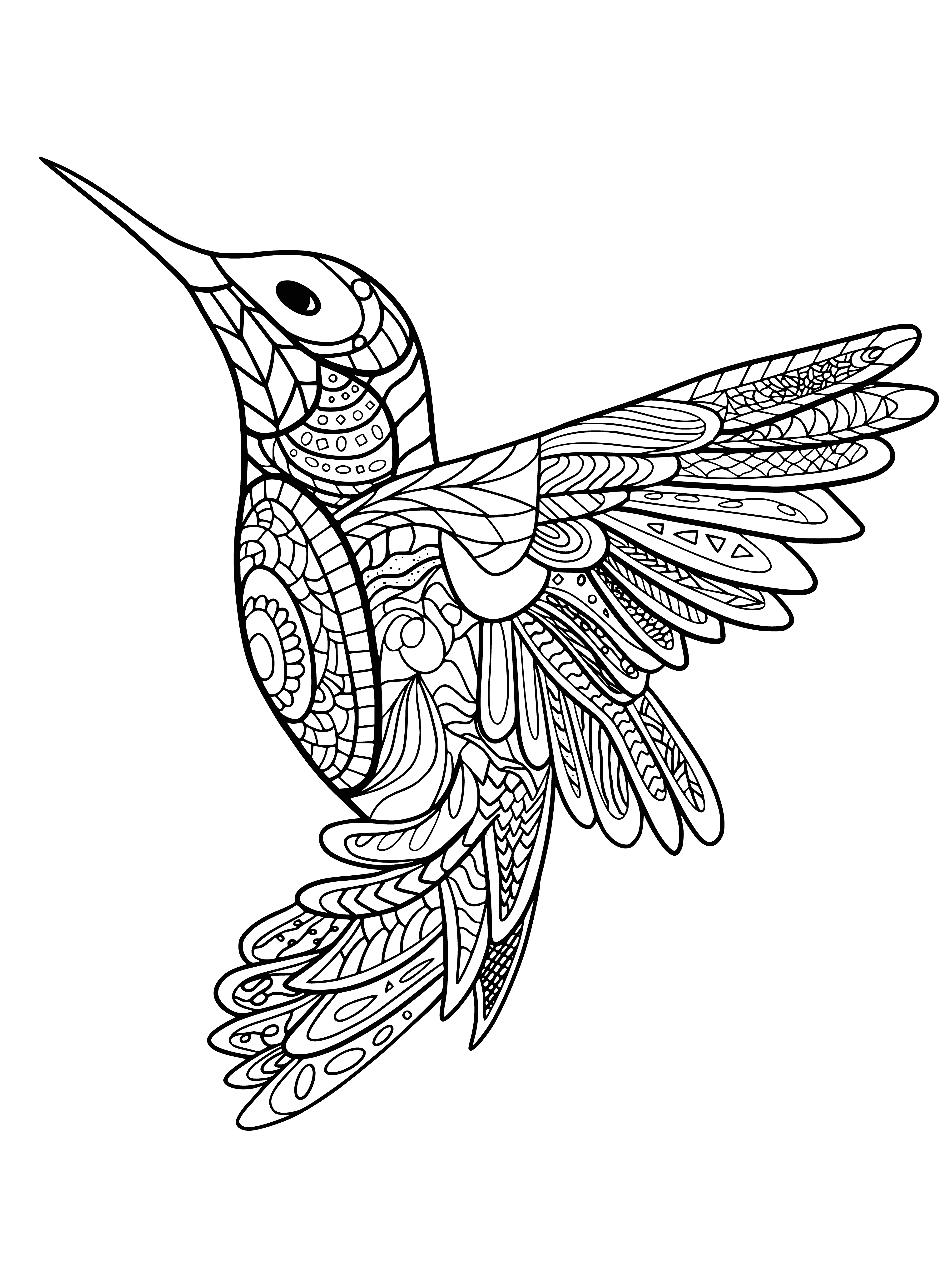 coloring page: -->Two hummingbirds hover over a brightly colored flower, sipping nectar from its petals with their long beaks.