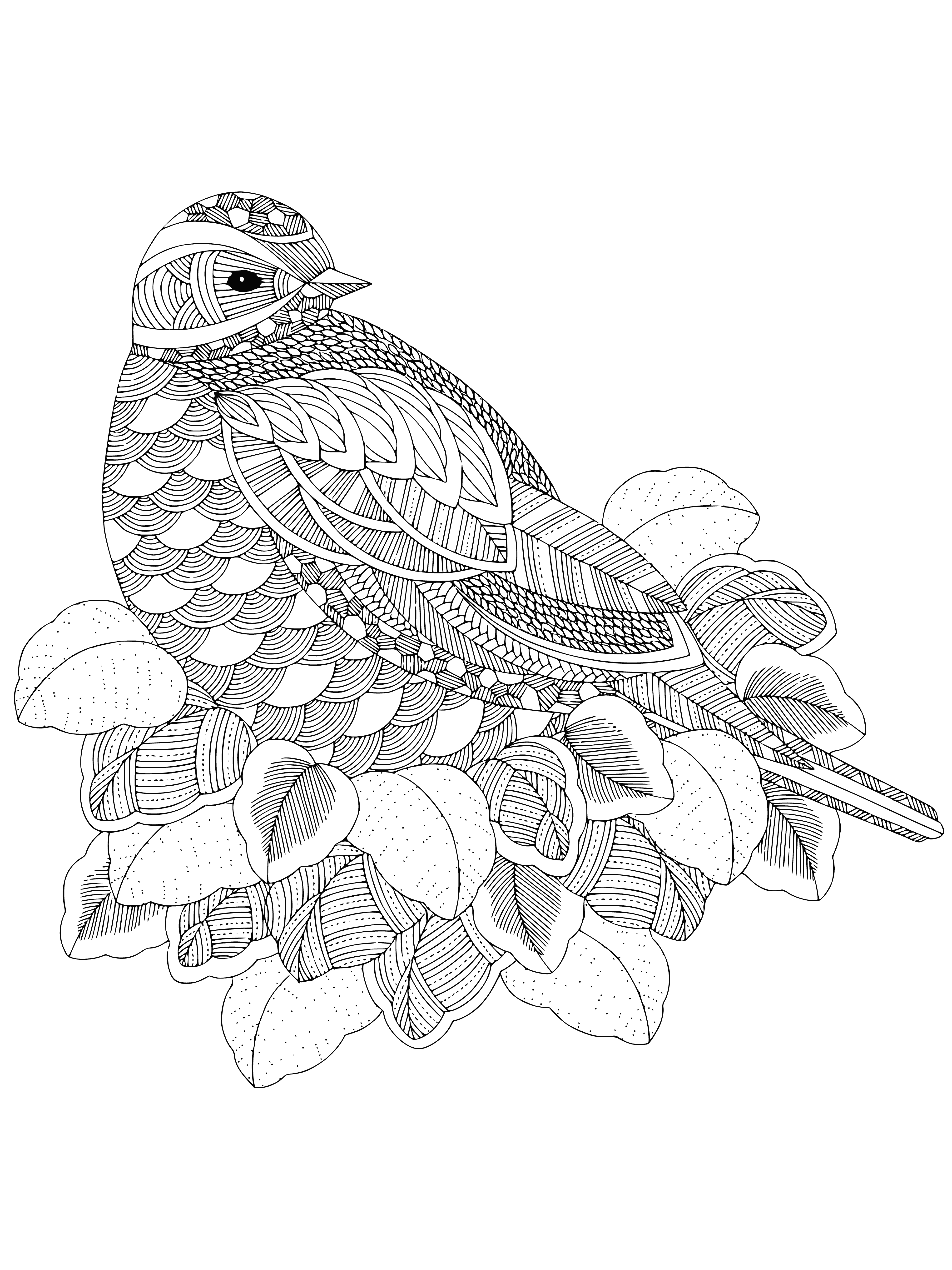 coloring page: Bird joyfully sings, perched on its brown branch with brown & white feathers.