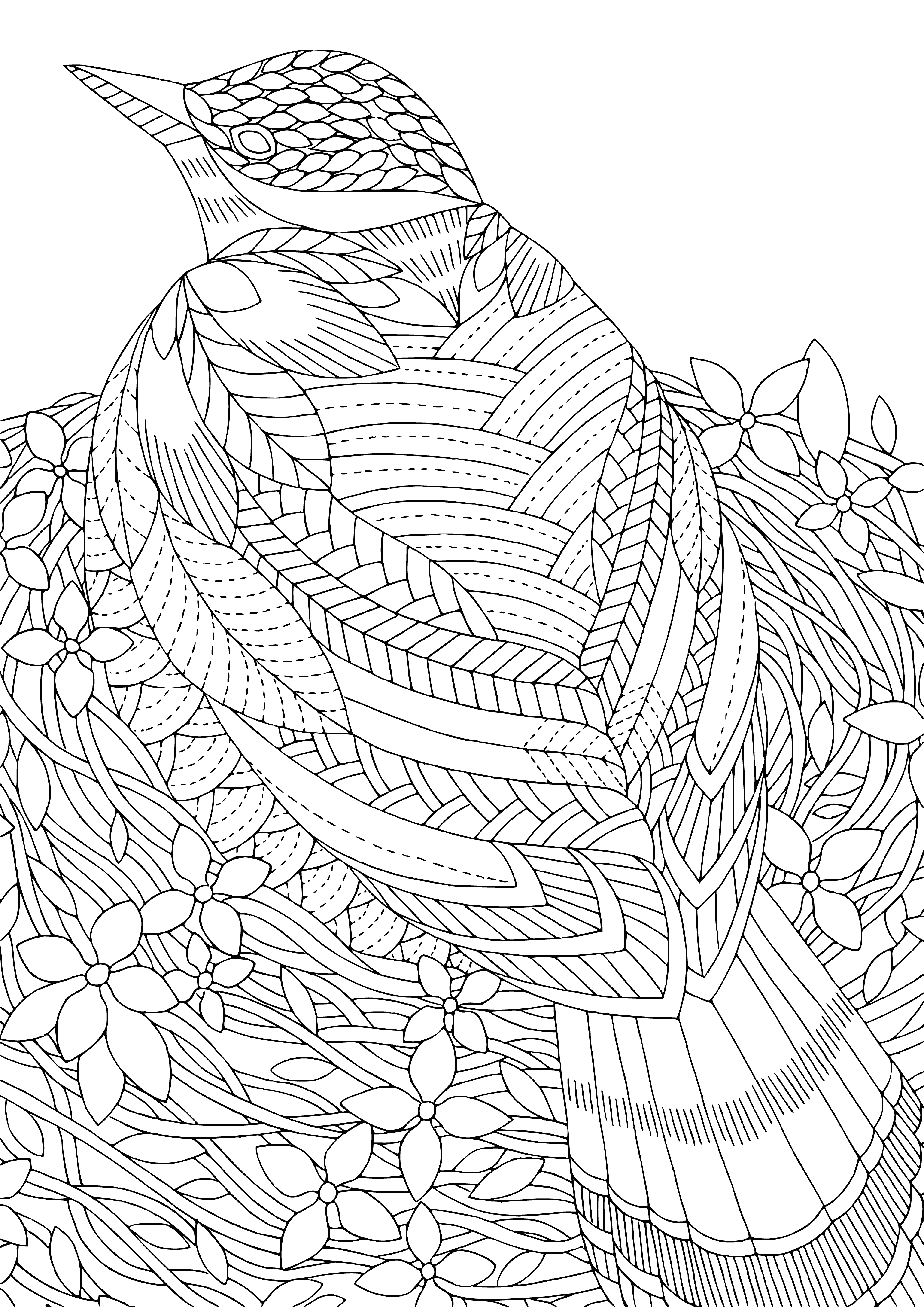 coloring page: Bird with yellow & green feathers in brown nest with green leaves. #coloring