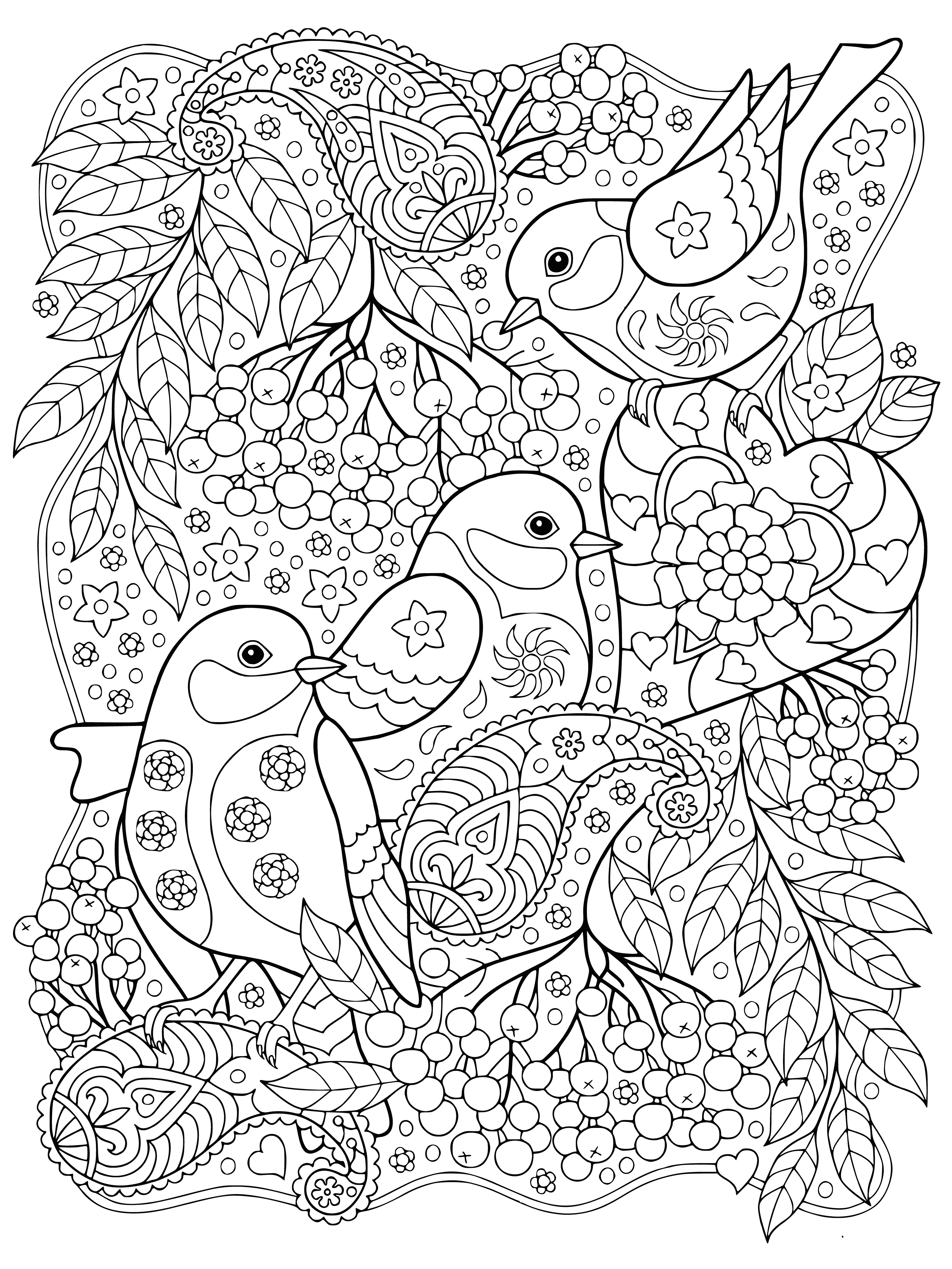 coloring page: Birds of different colors perched on a rowan tree branch visible with its leaves & berries.