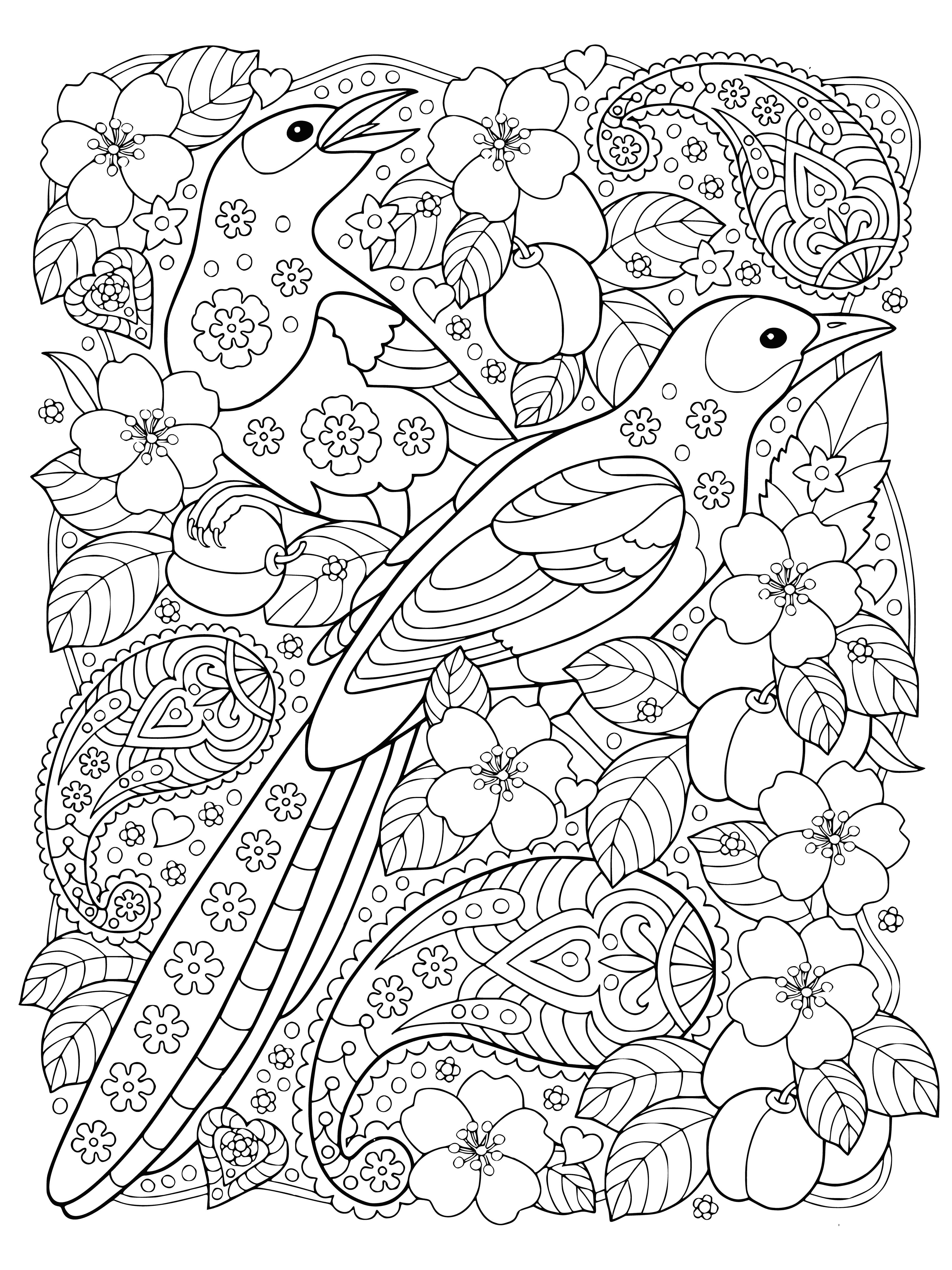 coloring page: 3 birds on branches with intertwining vines and colorful leaves/flowers. Two have flowers in beaks and one has a flower behind its ear.