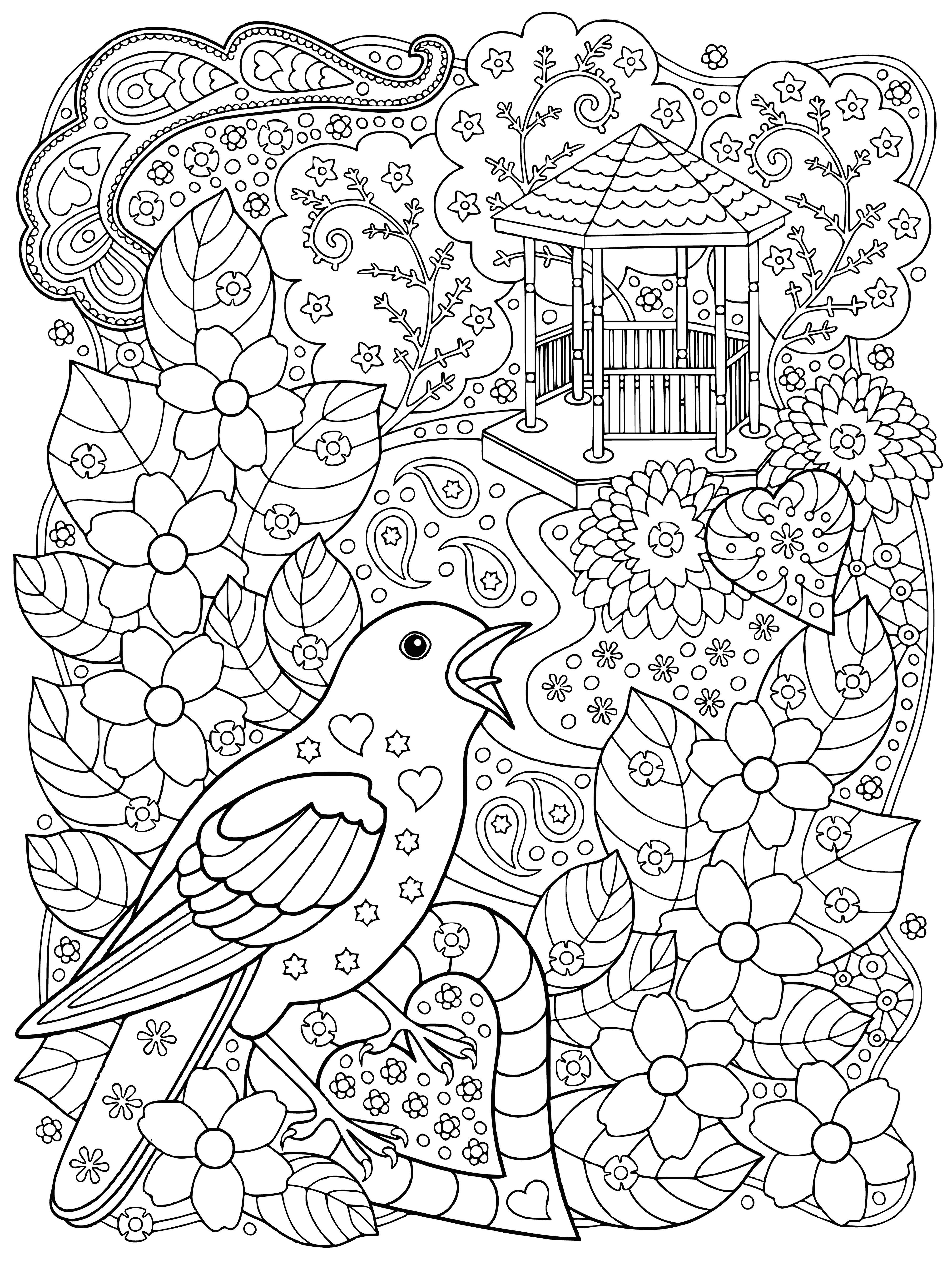 coloring page: Bird flying around gazebo: square roof, four pillars, stairs up.
