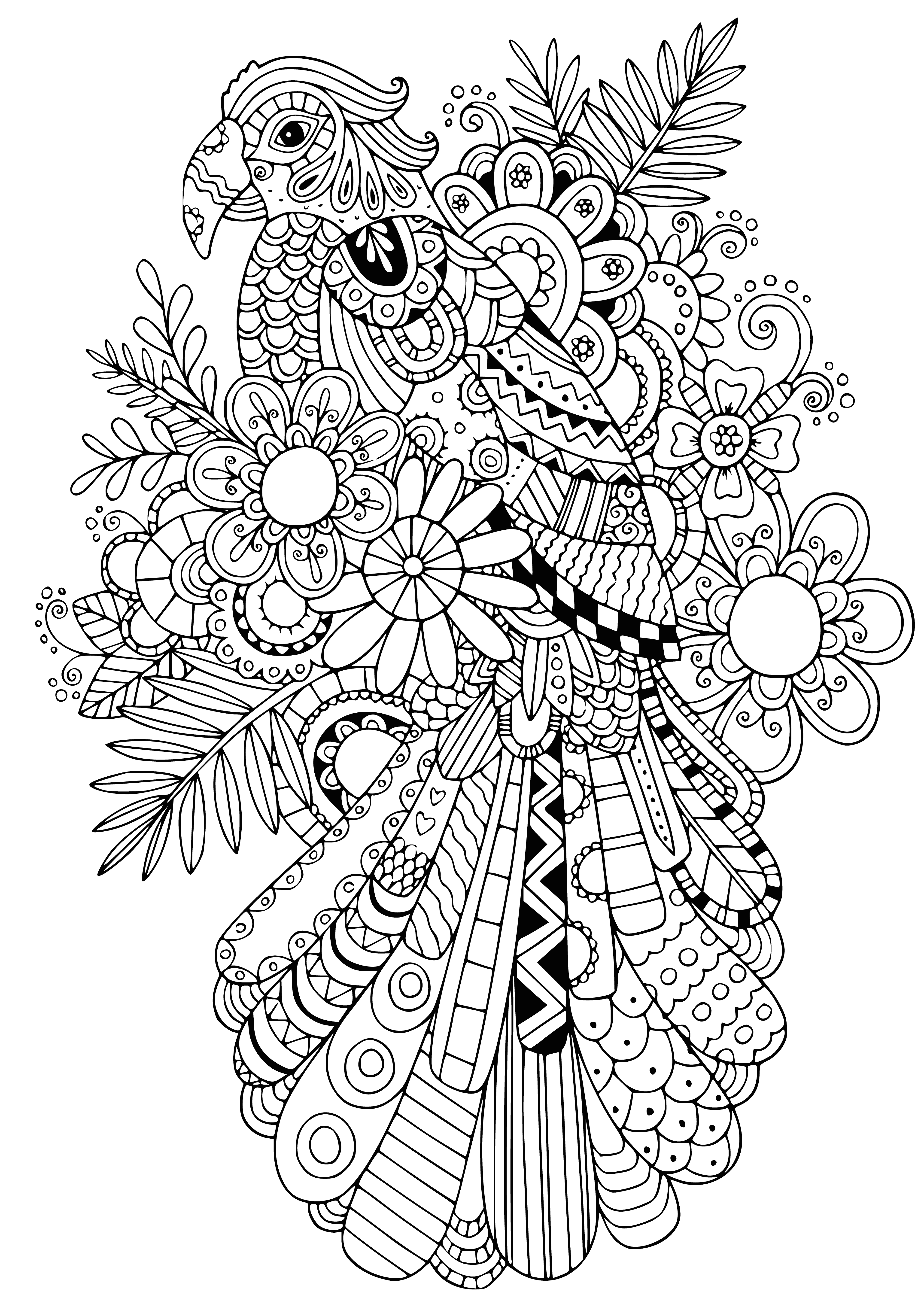 coloring page: A colorful bird with a curved beak and tail striped in blue and yellow perches on a tree, its feathers green, blue, and yellow, eyes orange.