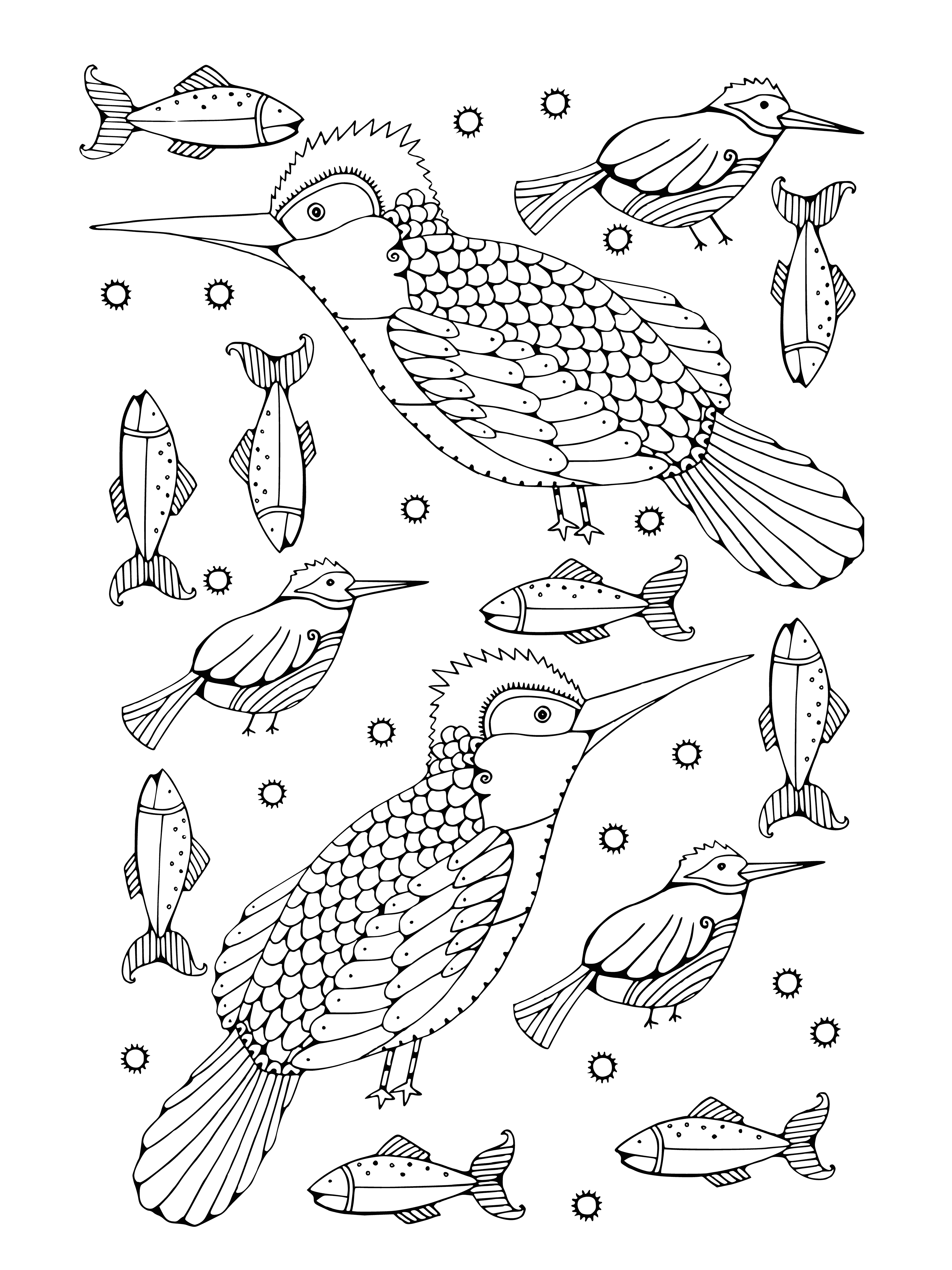 coloring page: Color a beautiful kingfisher perched on a tree branch with intricate patterns and leaves in the background. #coloringpages
