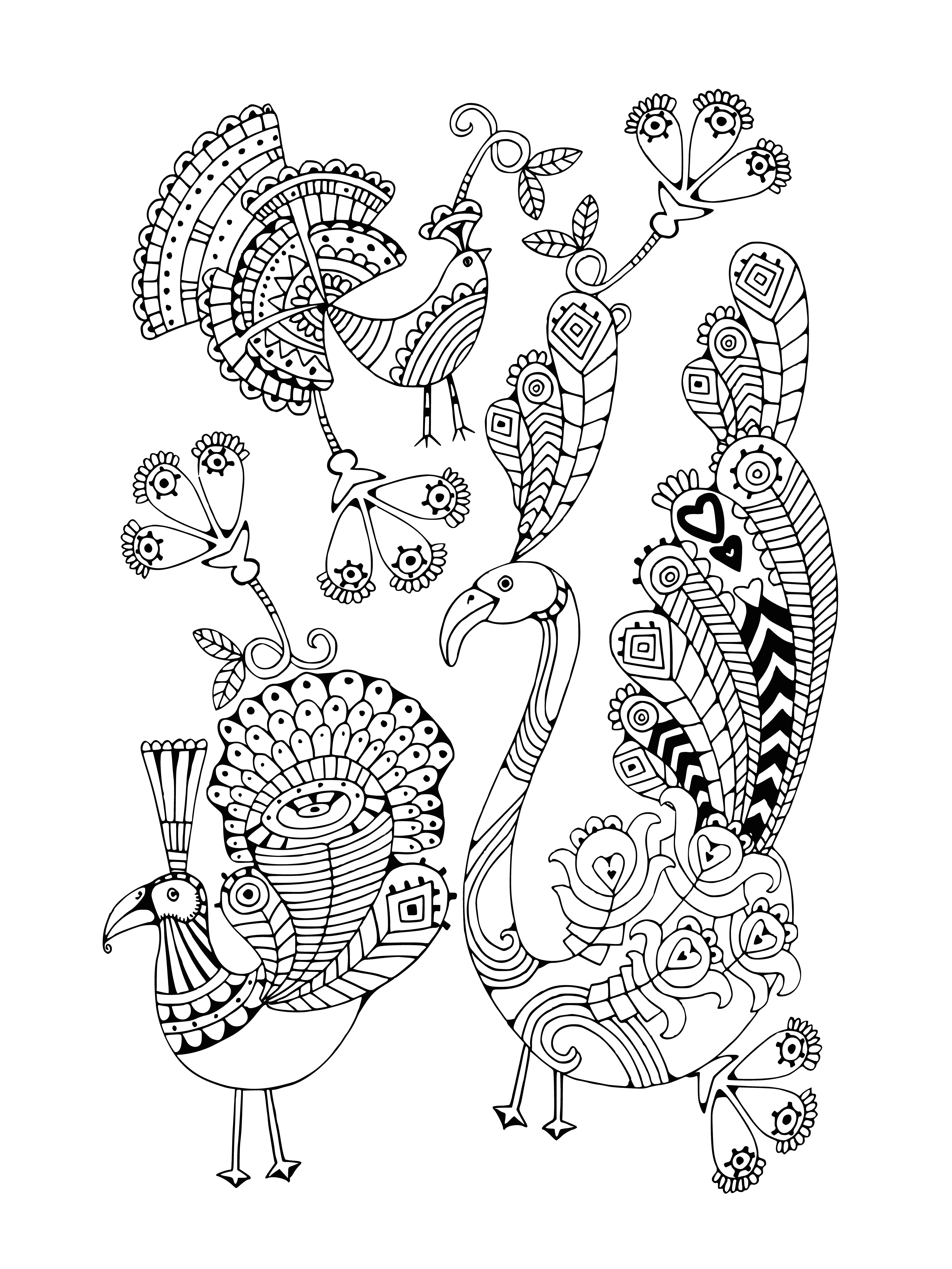 coloring page: → Two peacocks facing each other, tails spread out with intricate patterns, beaks open.
