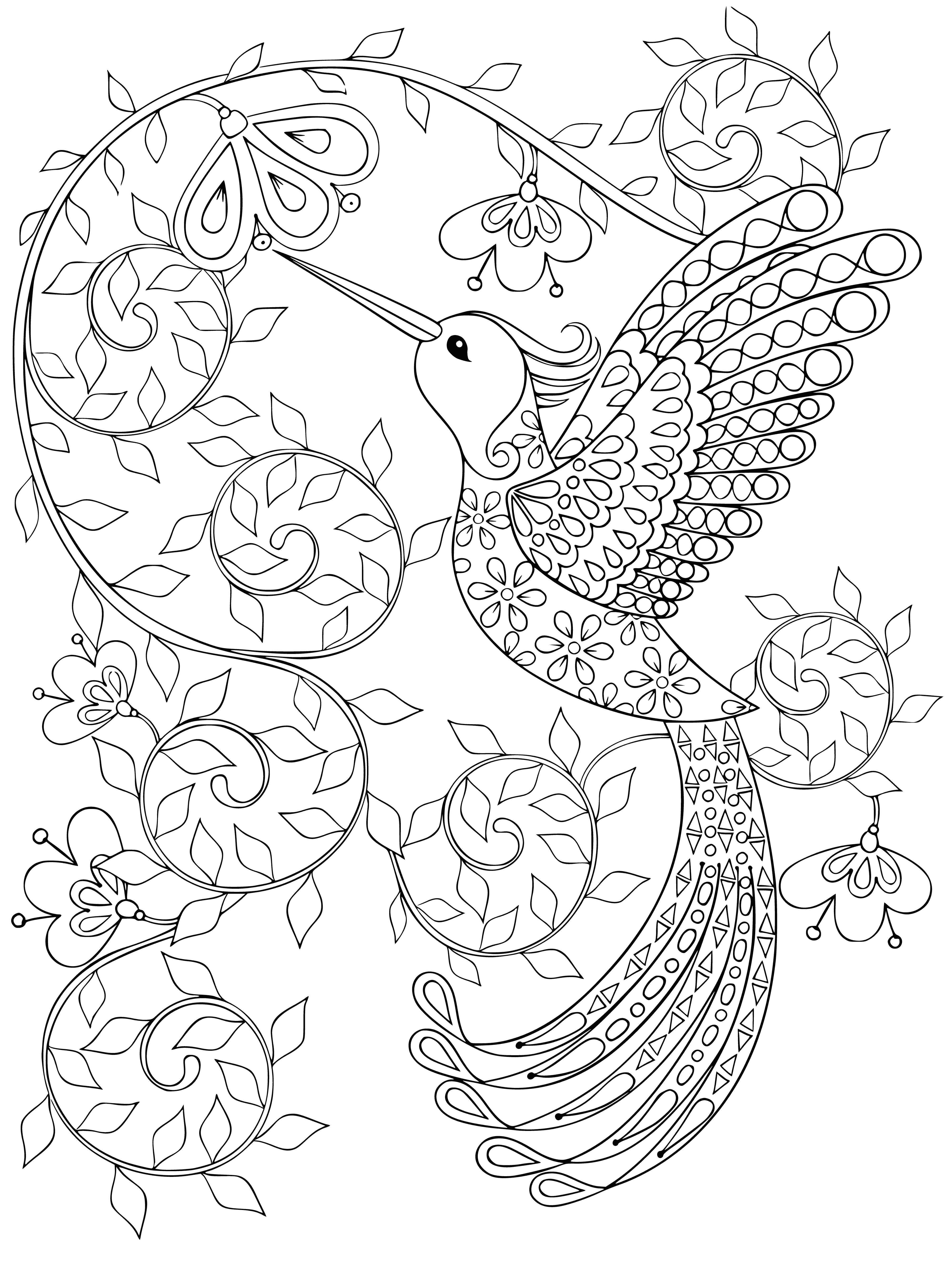coloring page: Two hummingbirds flying around a tropical flower in a gradient of blues and greens. #coloringpage