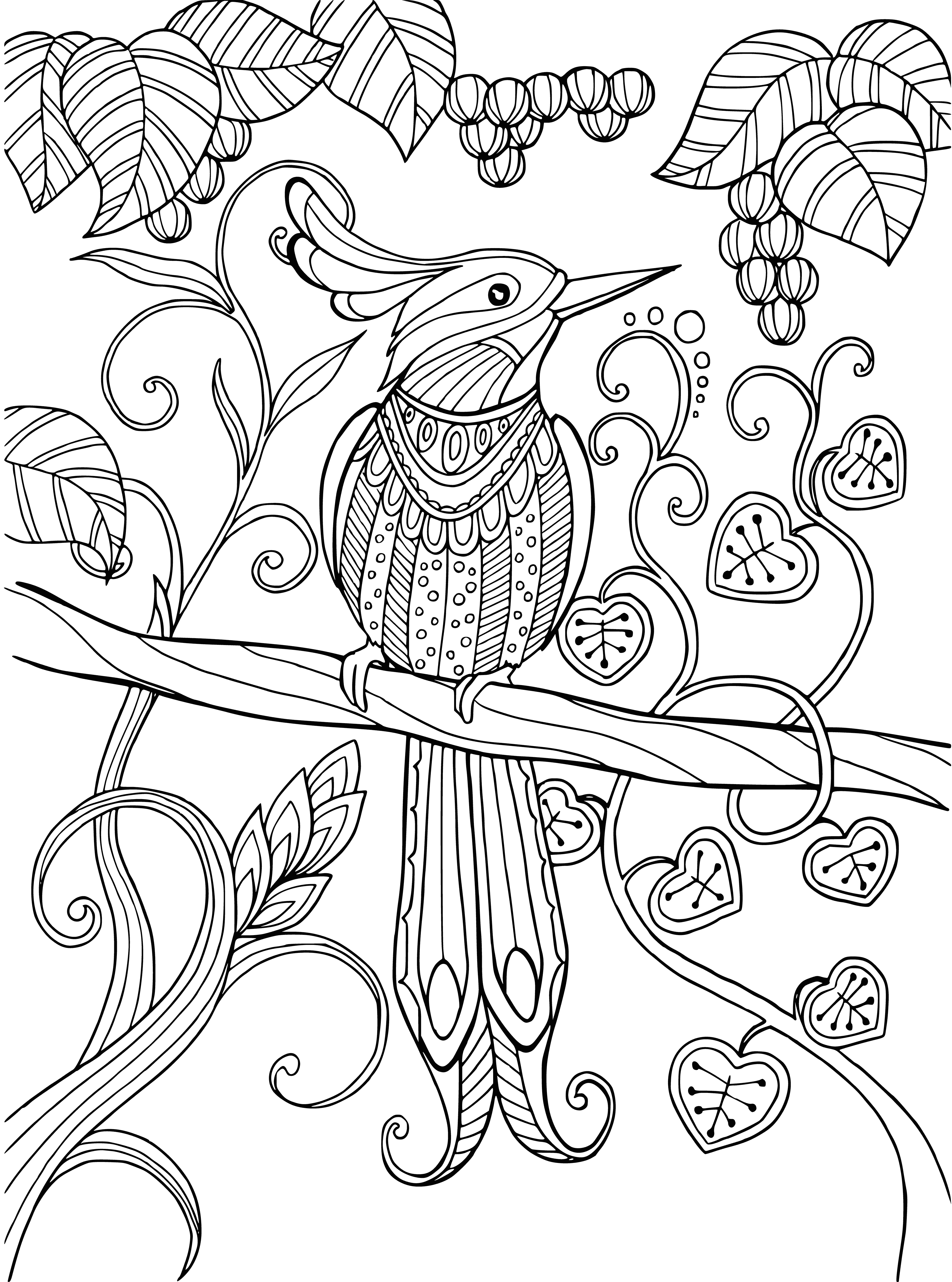coloring page: Bird perched atop branch singing, surrounded by leaves & flowers.
