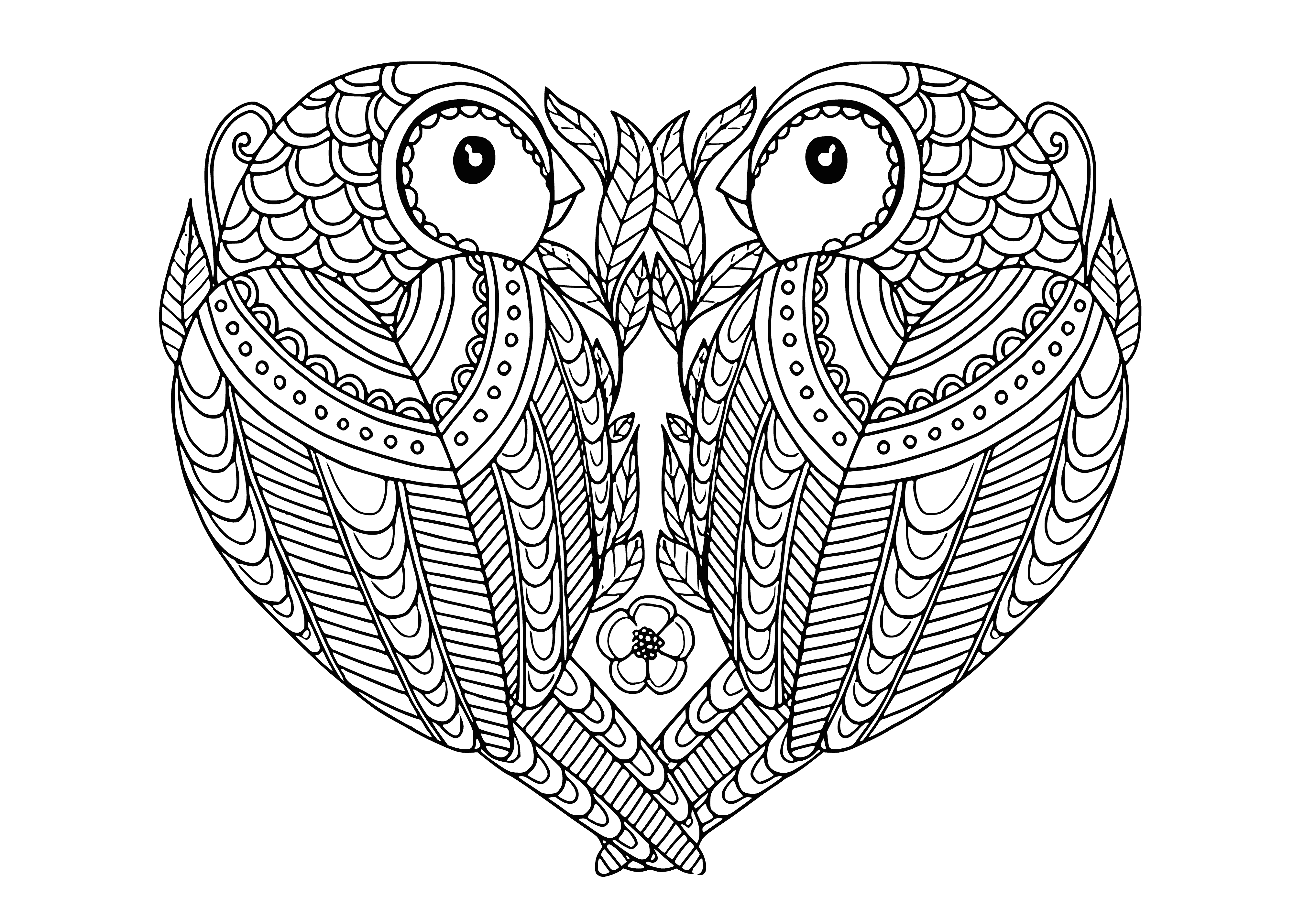 coloring page: Central bird on coloring page has wings with patterns; surrounded by smaller birds with patterns & colors. Message at bottom reads "With love."