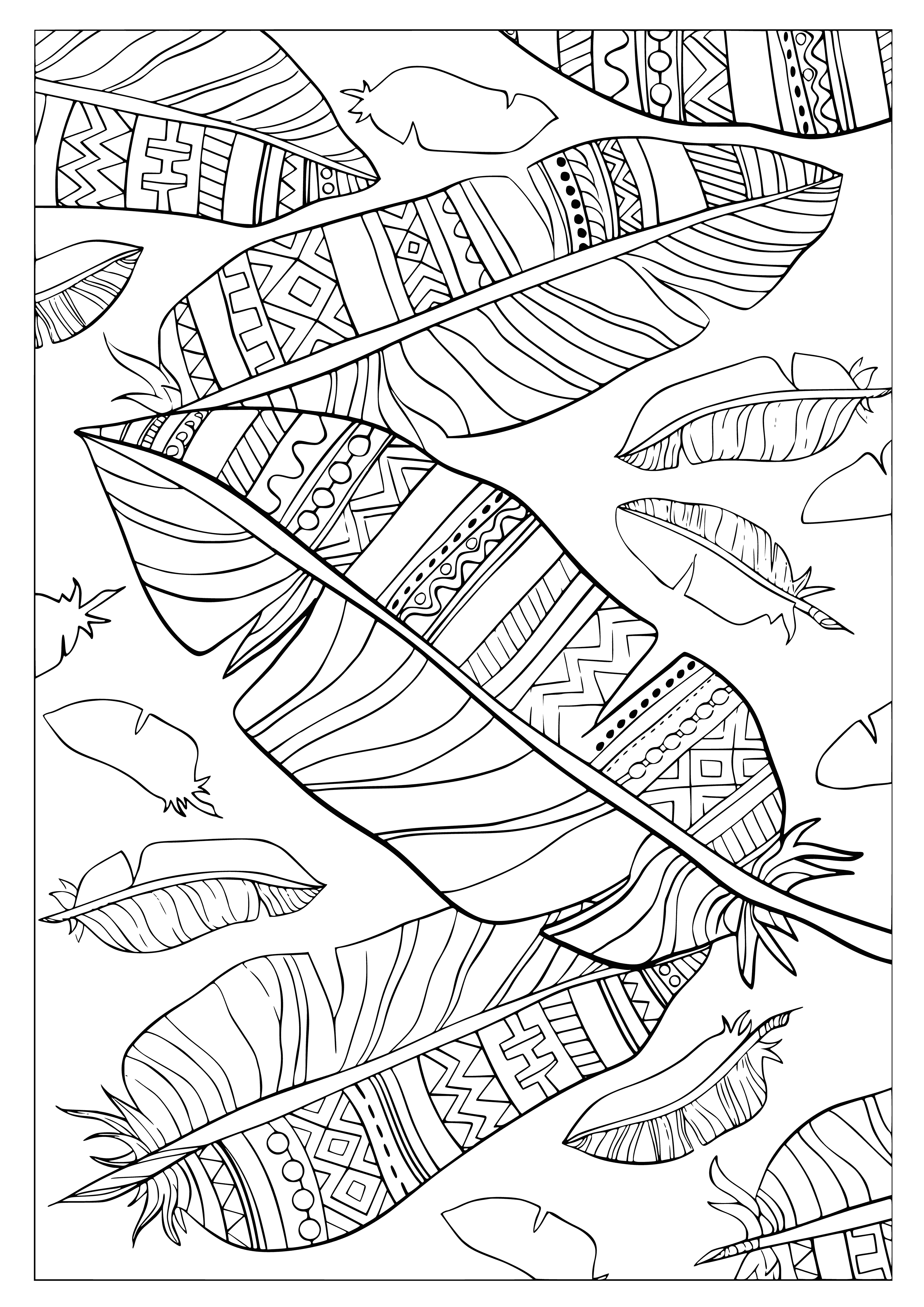 coloring page: Two birds sit on a branch, feathers fluttering while a gradient of blues and greens form the backdrop.