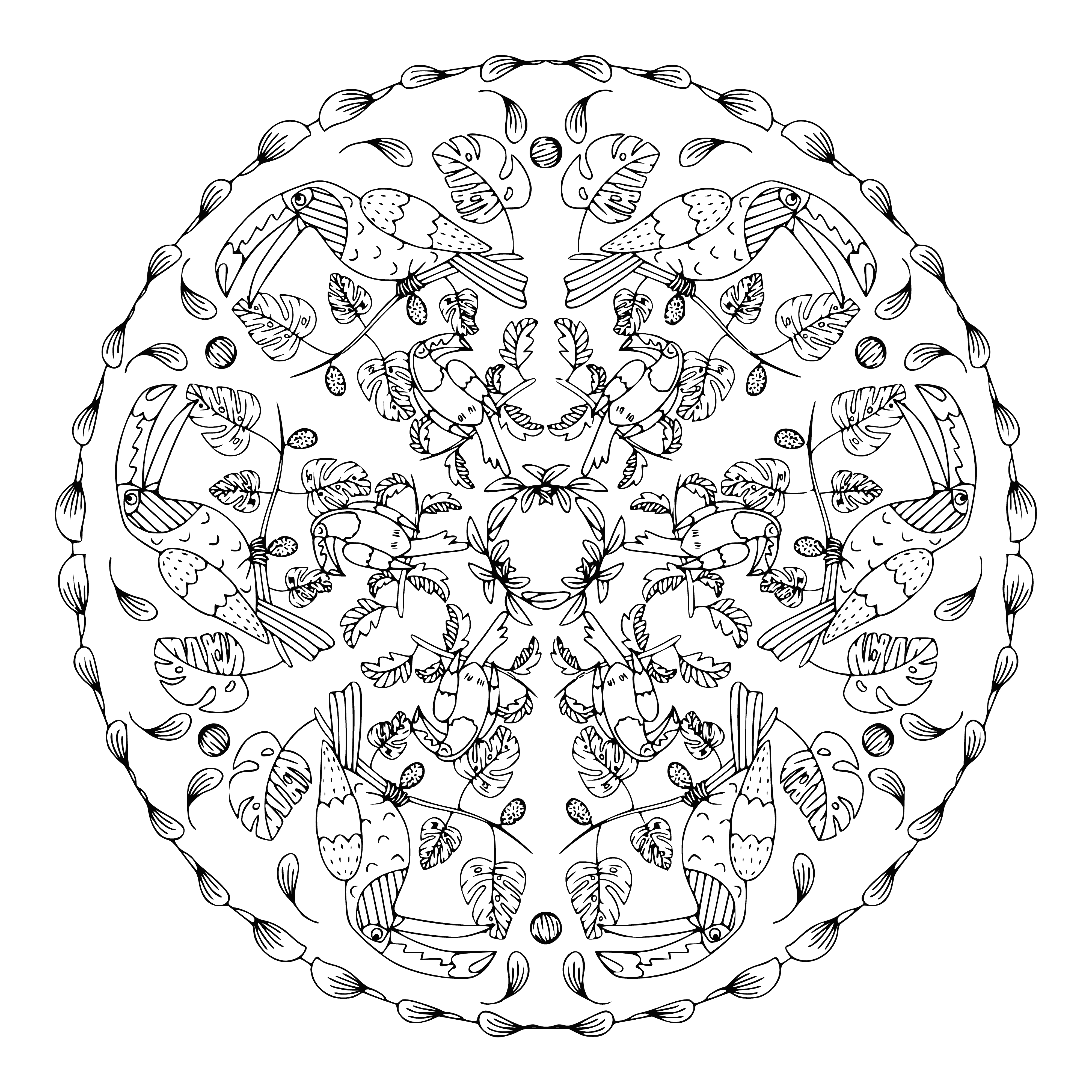 coloring page: Toucans in the center of a colorful rainforest mandala make this coloring page perfect for lovers of South America's tropical forests! #coloring