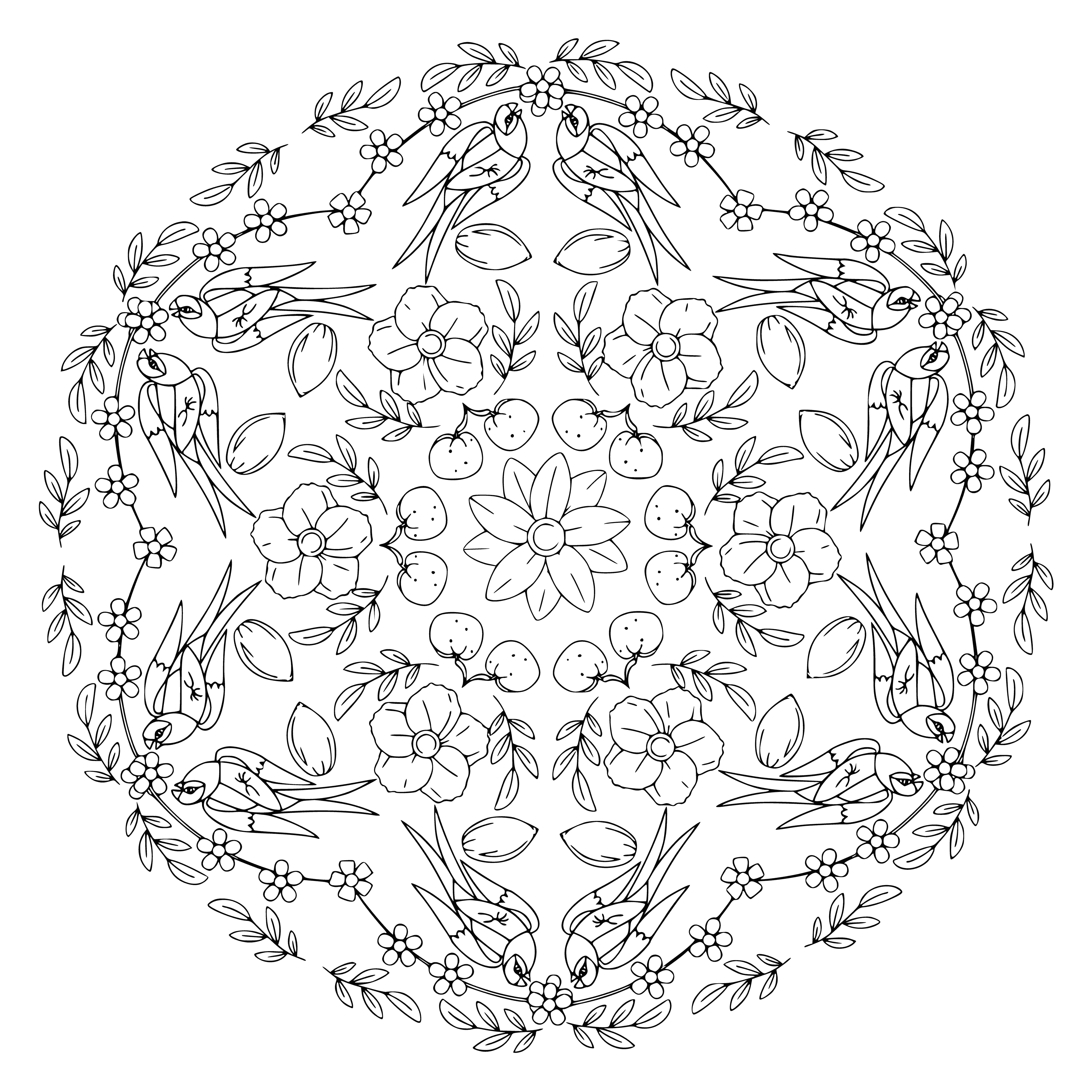 coloring page: Coloring page has intricate mandala w/ swallows flying around it.