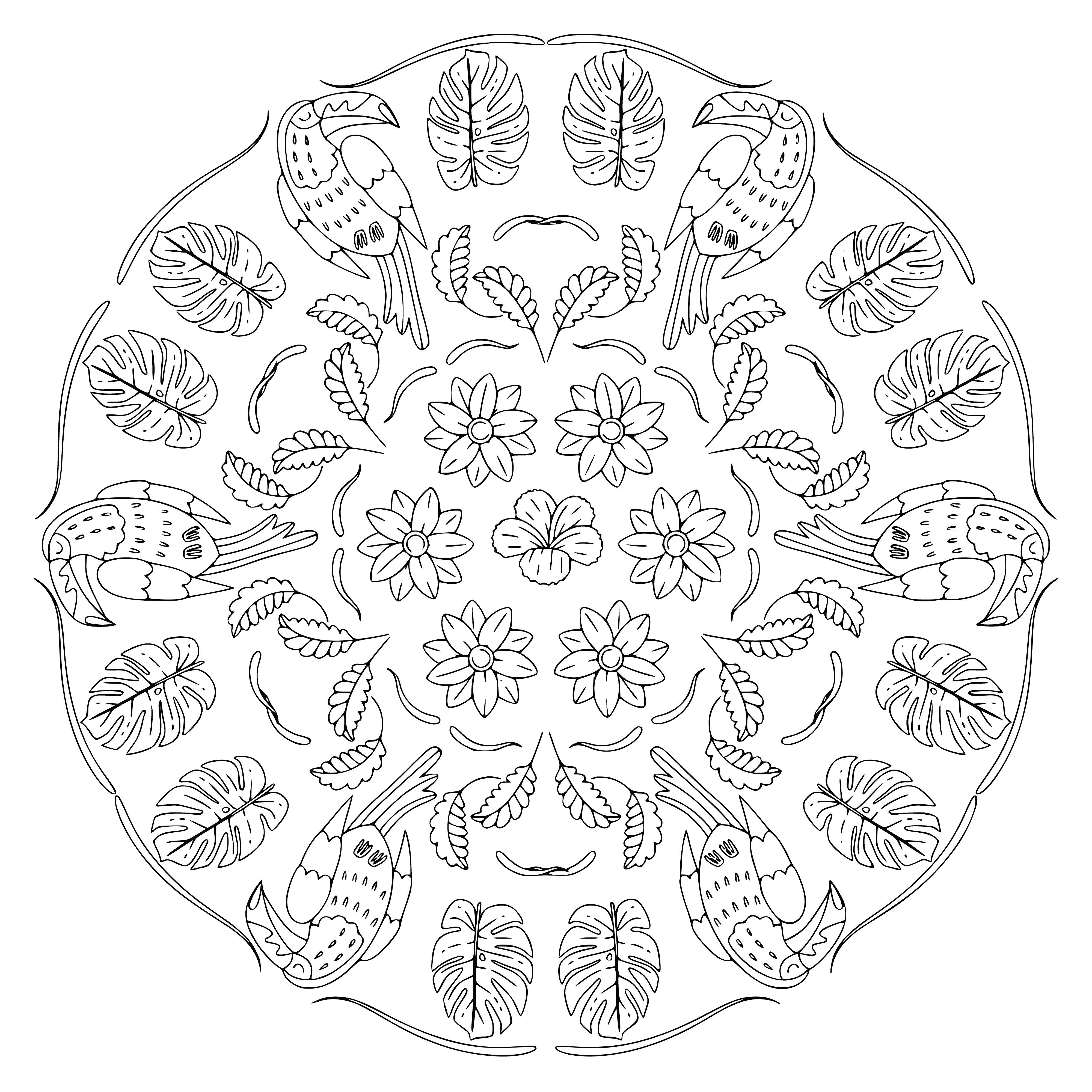 coloring page: Mandalad w/ two birds in the center; light blue & green swirls w/ flowers in white, yellow & orange around the edge.
