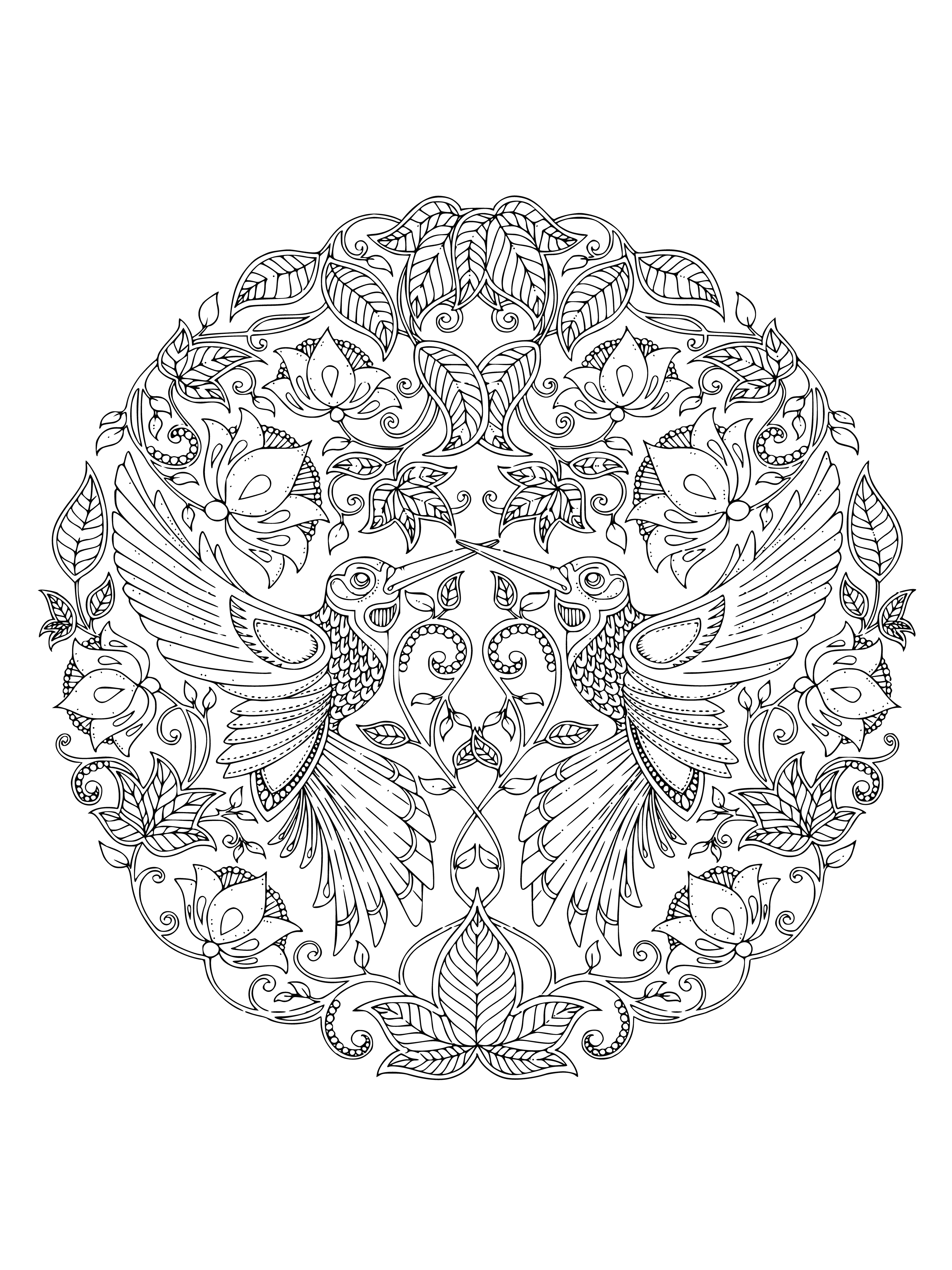 coloring page: A mandala with intricate birds and leaves creates a soothing design perfect for destressing.