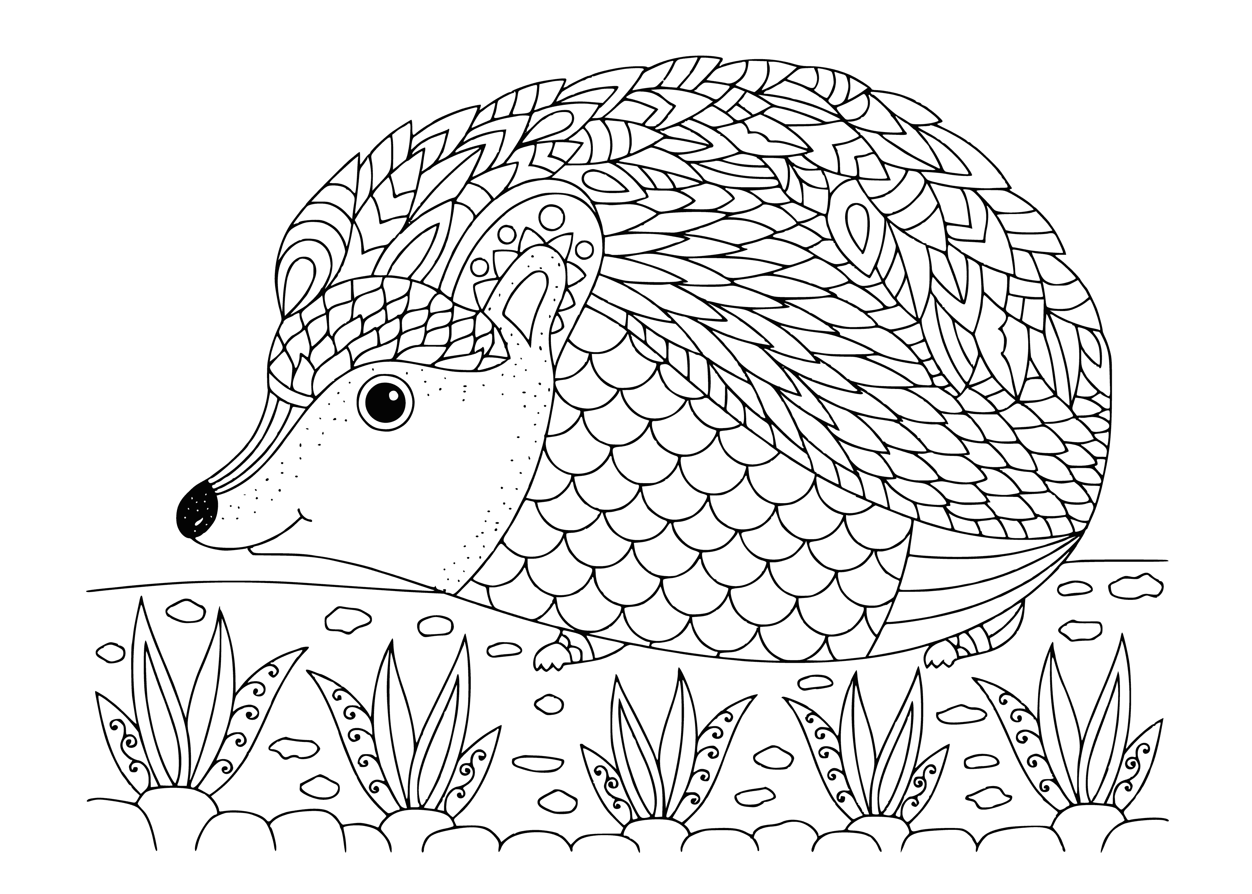 coloring page: A hedgehog is curled up on a patch of grass, with prickly quills, black eyes, pink nose, and white belly.