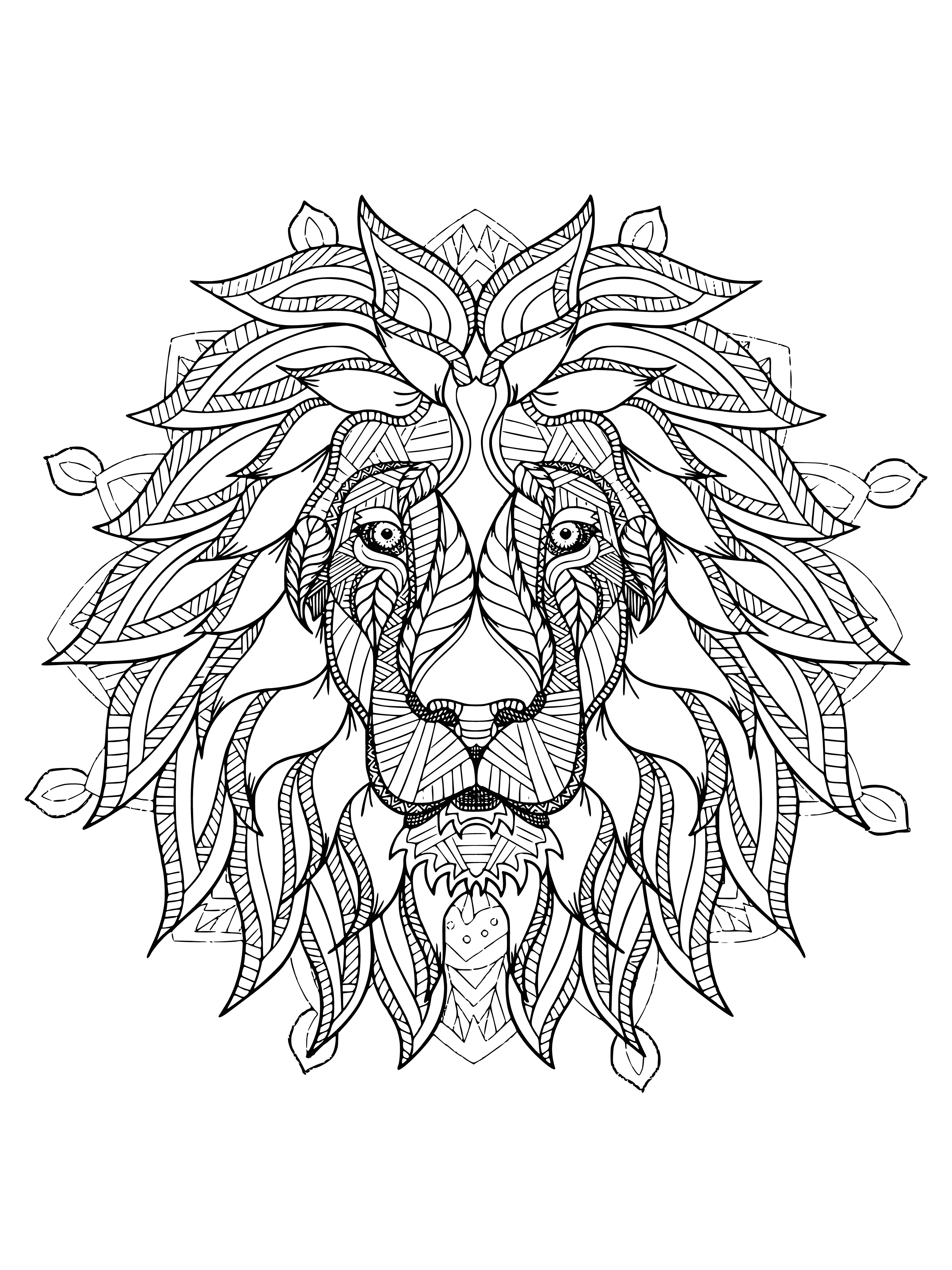 coloring page: -> Coloring page of a calming lion to help with stress, situated in a grassy field, inviting people to color it.