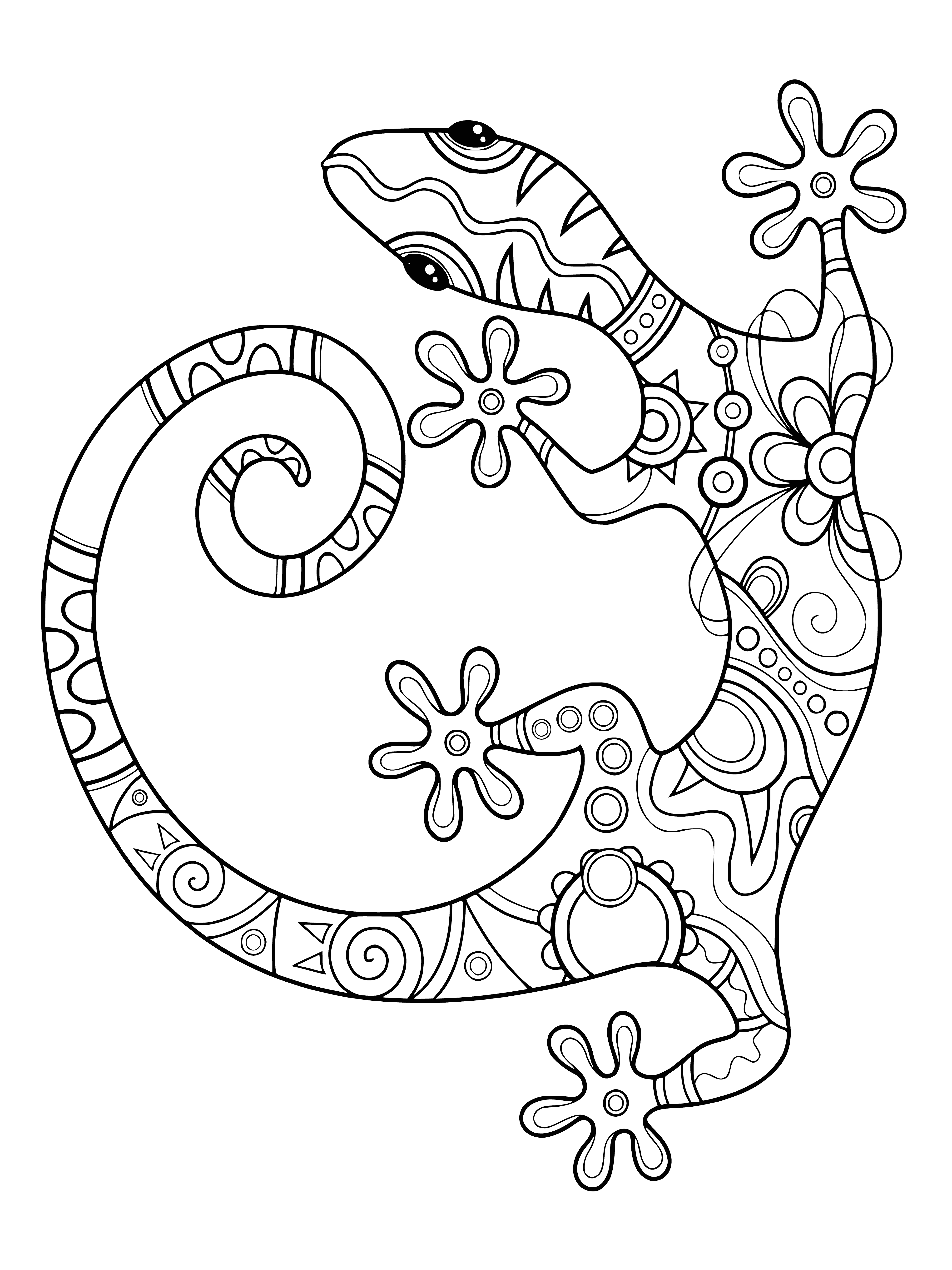 coloring page: Green lizard with long tail standing on a rock, ready to be colored.