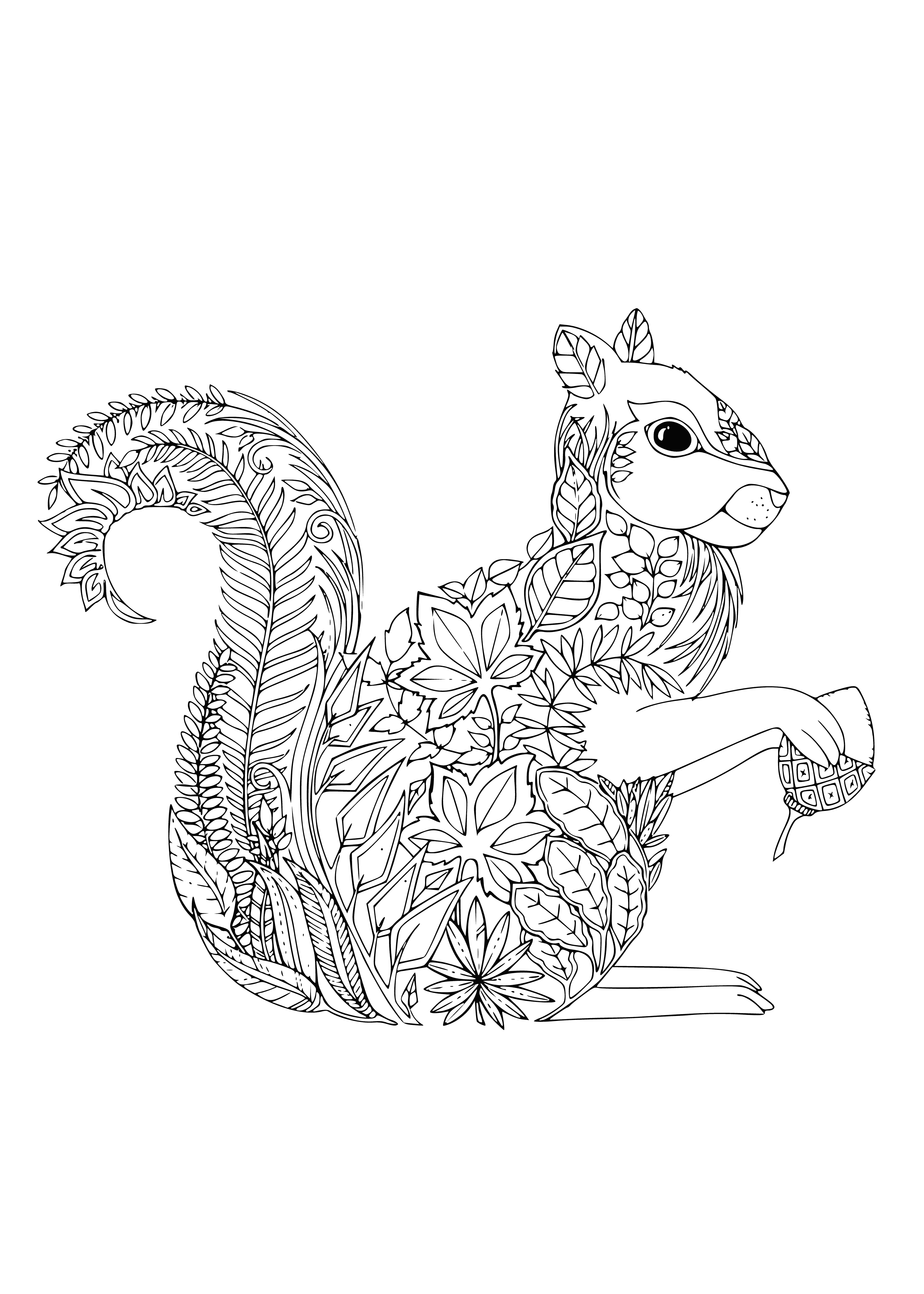 coloring page: Squirrel holding an acorn and surrounded by leaves and tree branches in a coloring page.