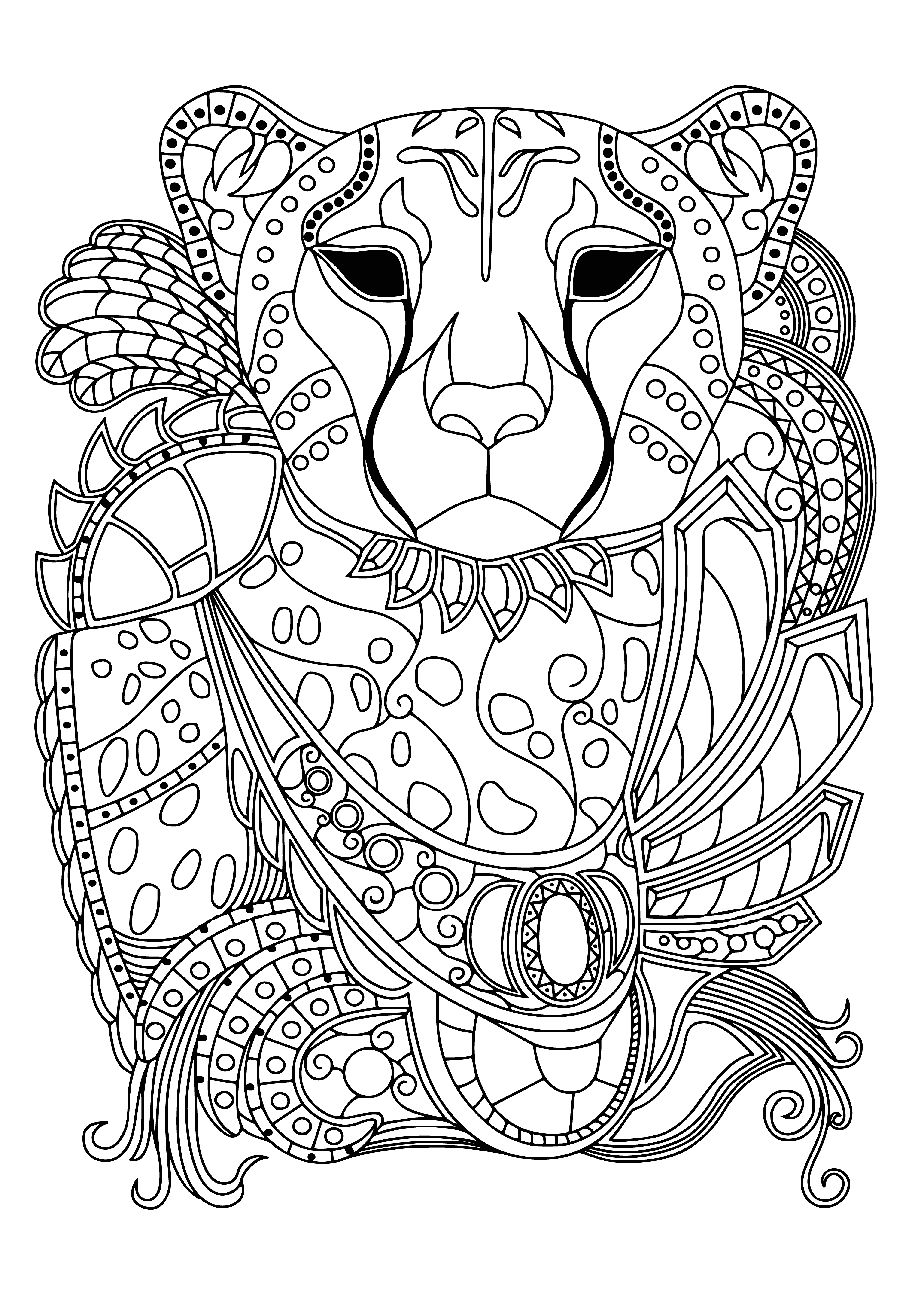 coloring page: Puma stands on cliff, watching sunset over dark sky in b&w coloring page.