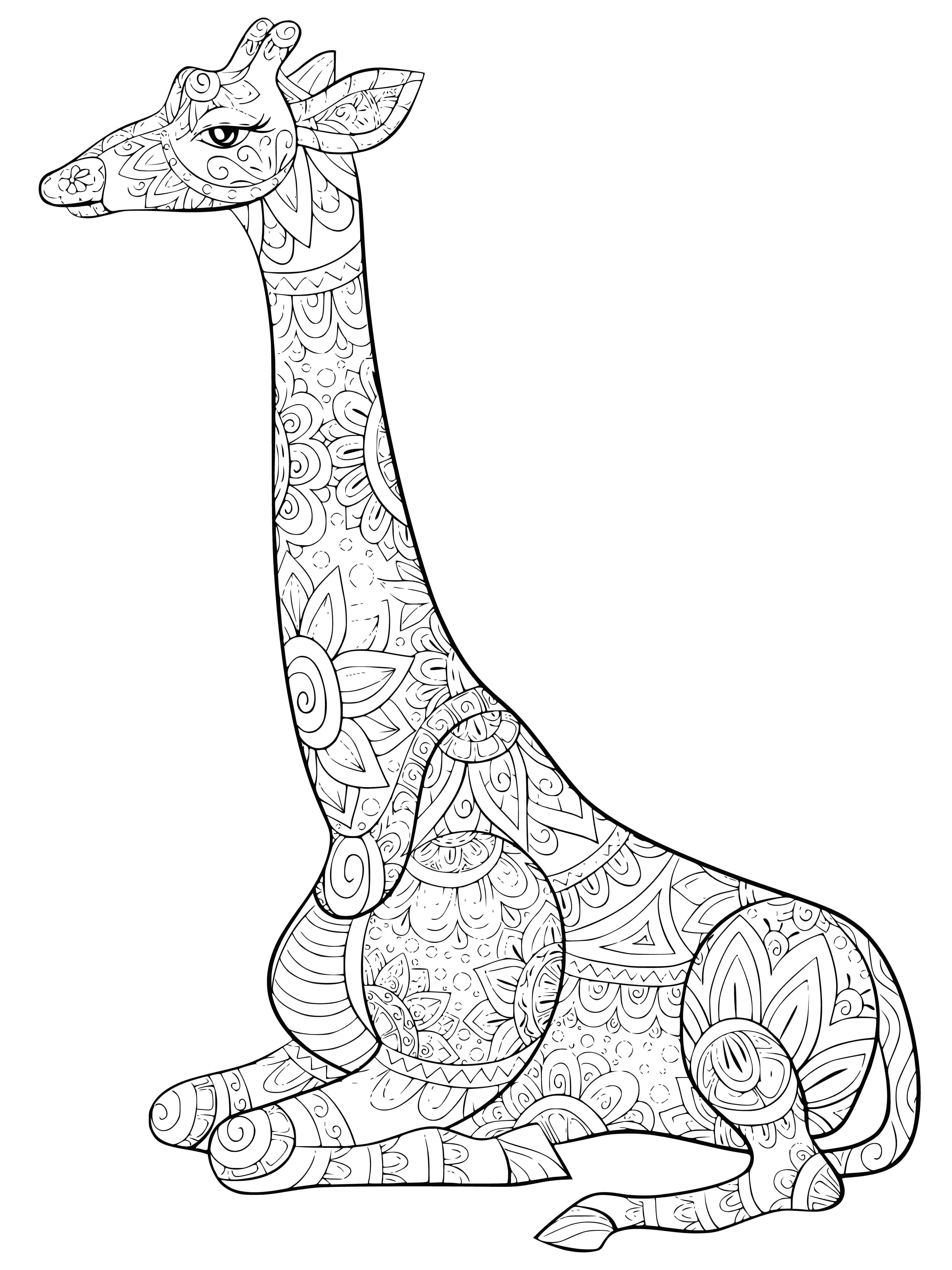 coloring page: Giraffe in field of grass with patchwork coat, bringing peace & calm through gentle presence. #Zoo #Travel