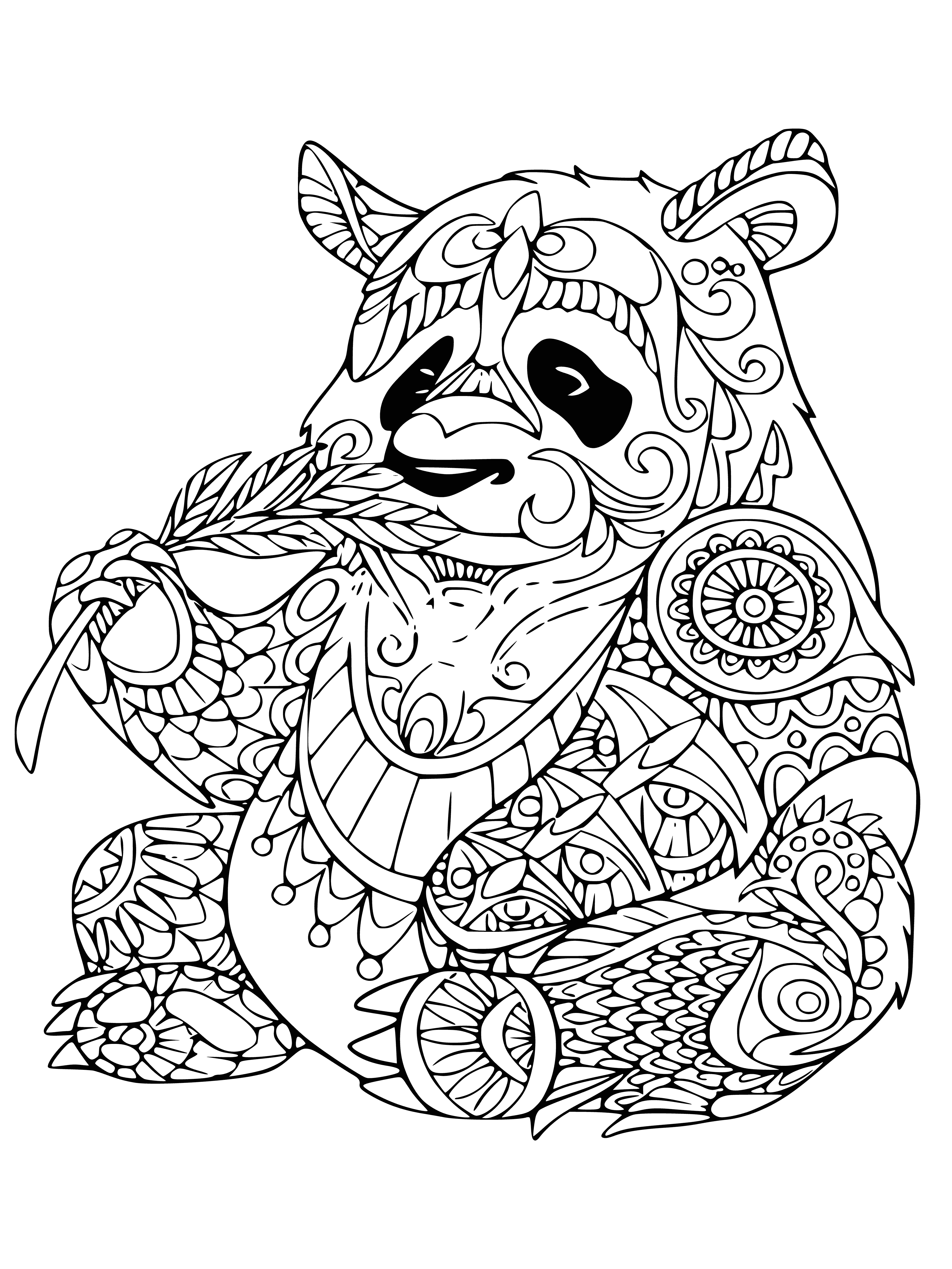 coloring page: Panda in the center of page has a black & white body, small black nose, ears & legs; there's a yellow flower & green leaf in corners.