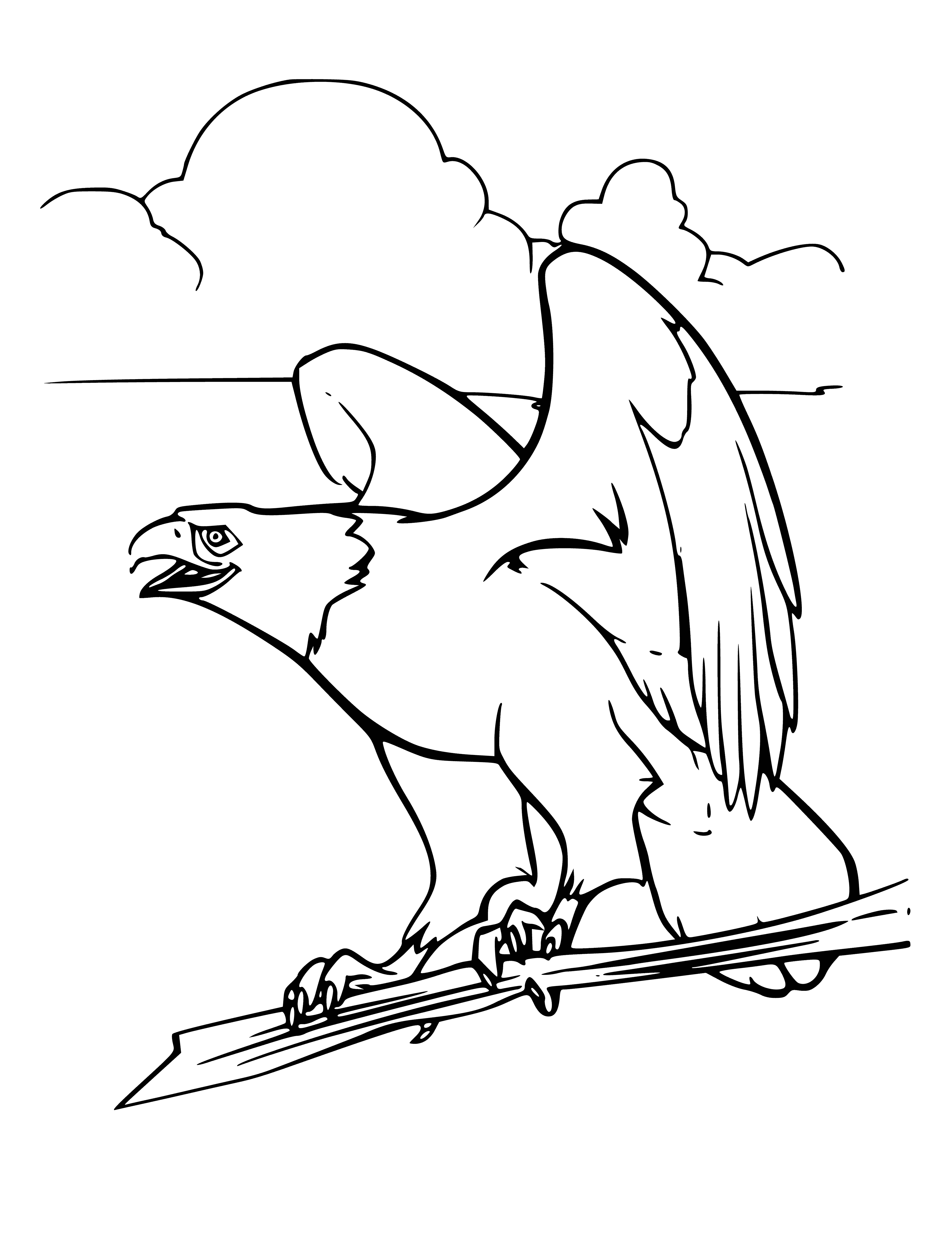 coloring page: Spirit's friend Eagle is a large bird with white feathers, yellow beak, brown body, and black wings, soaring through the sky.