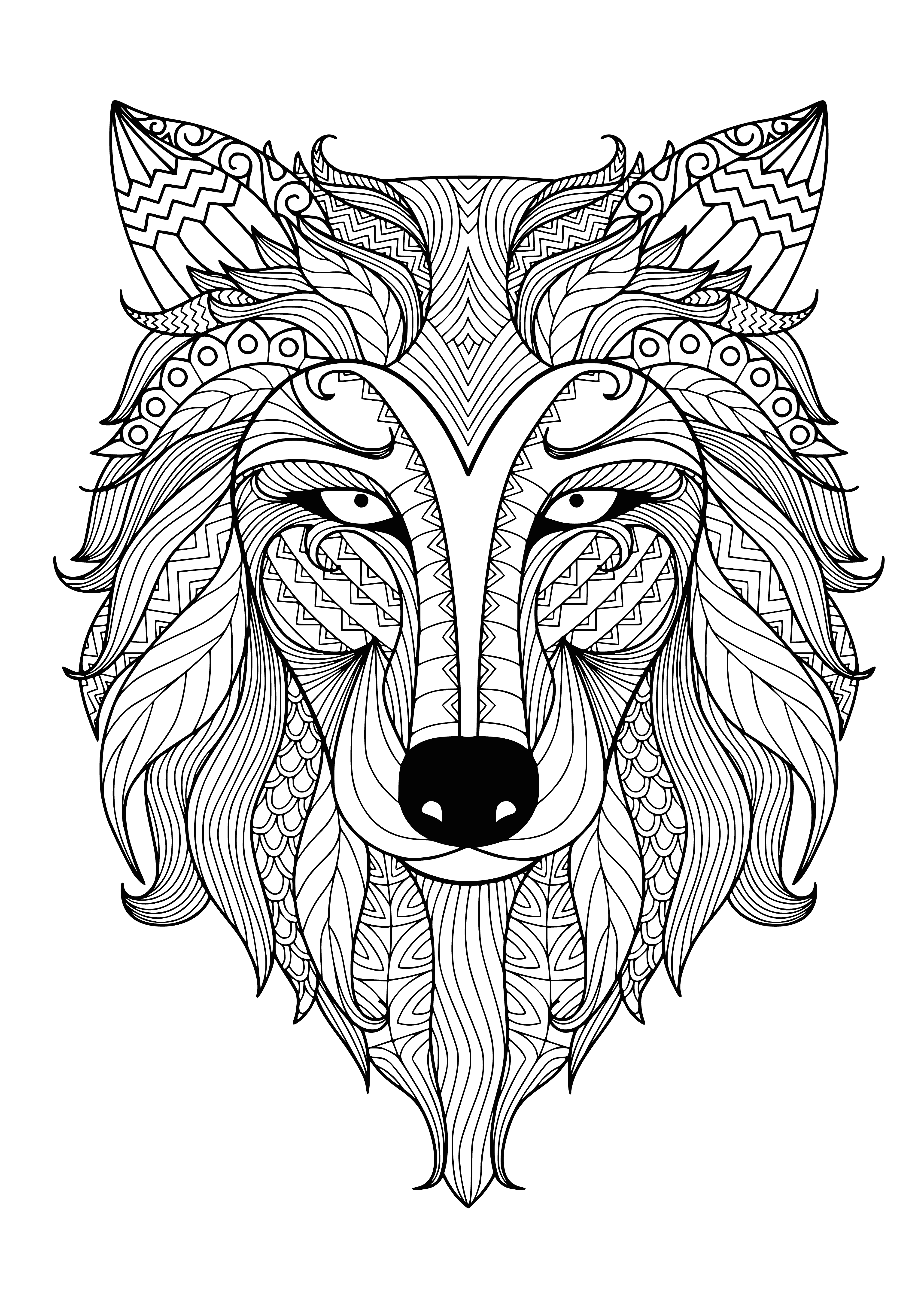 coloring page: Wolf howls at moon in its grey and white beauty.