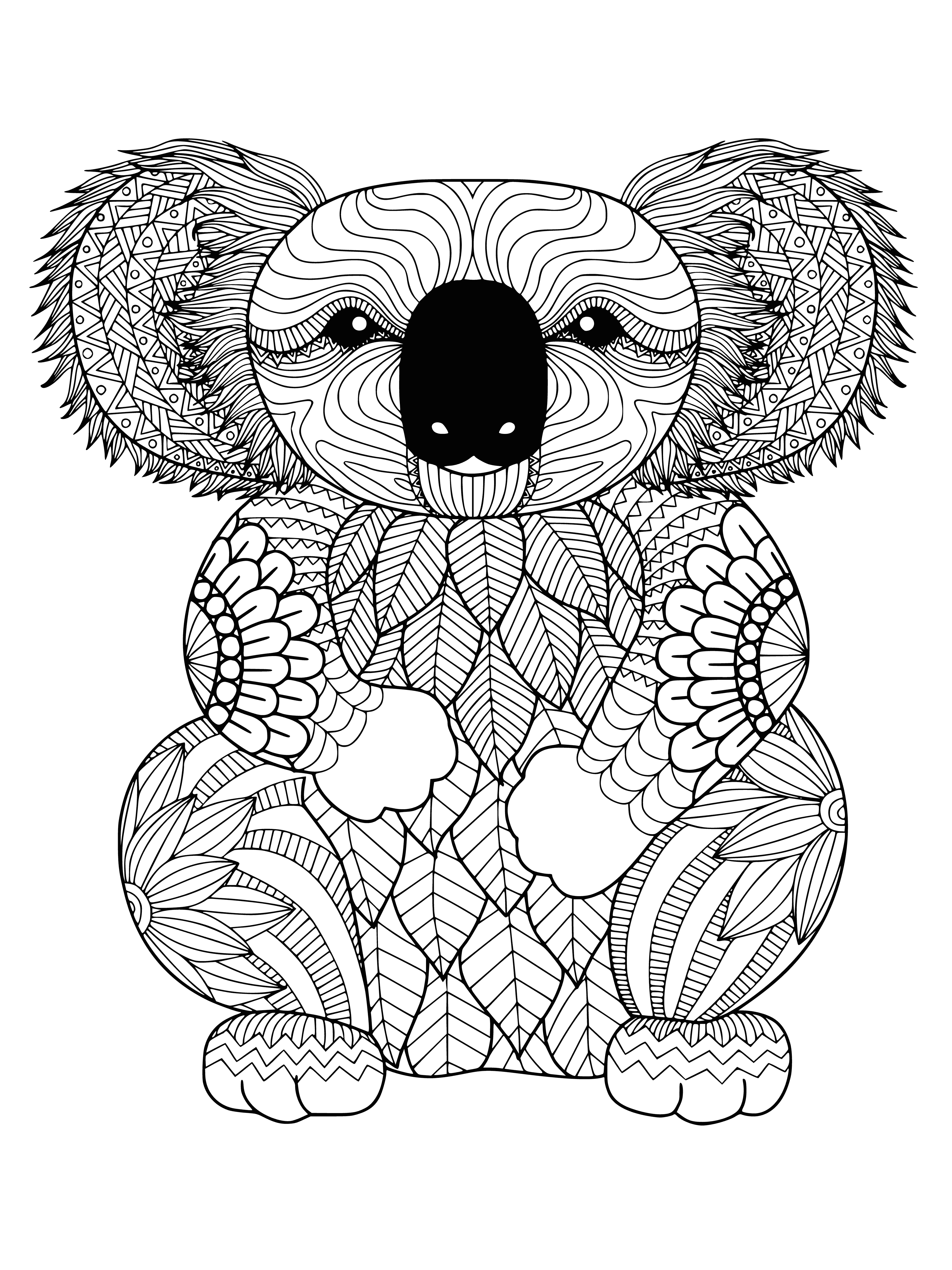 coloring page: Koala sits on a tree branch - grey fur, black nose; tree has green leaves, brown trunk.