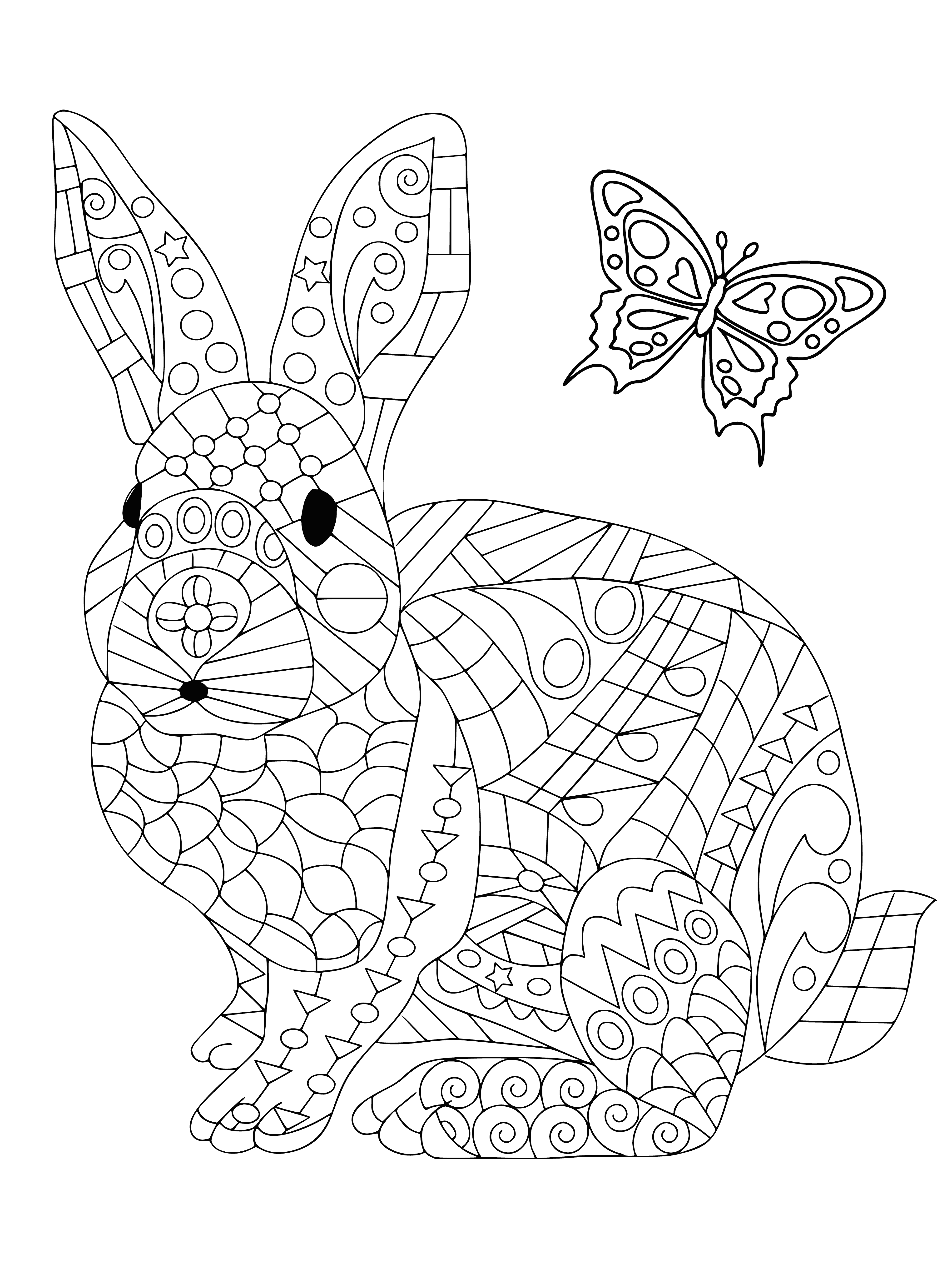 coloring page: Cartoon rabbit surrounded by butterfly and flowers looks happy & relaxed.