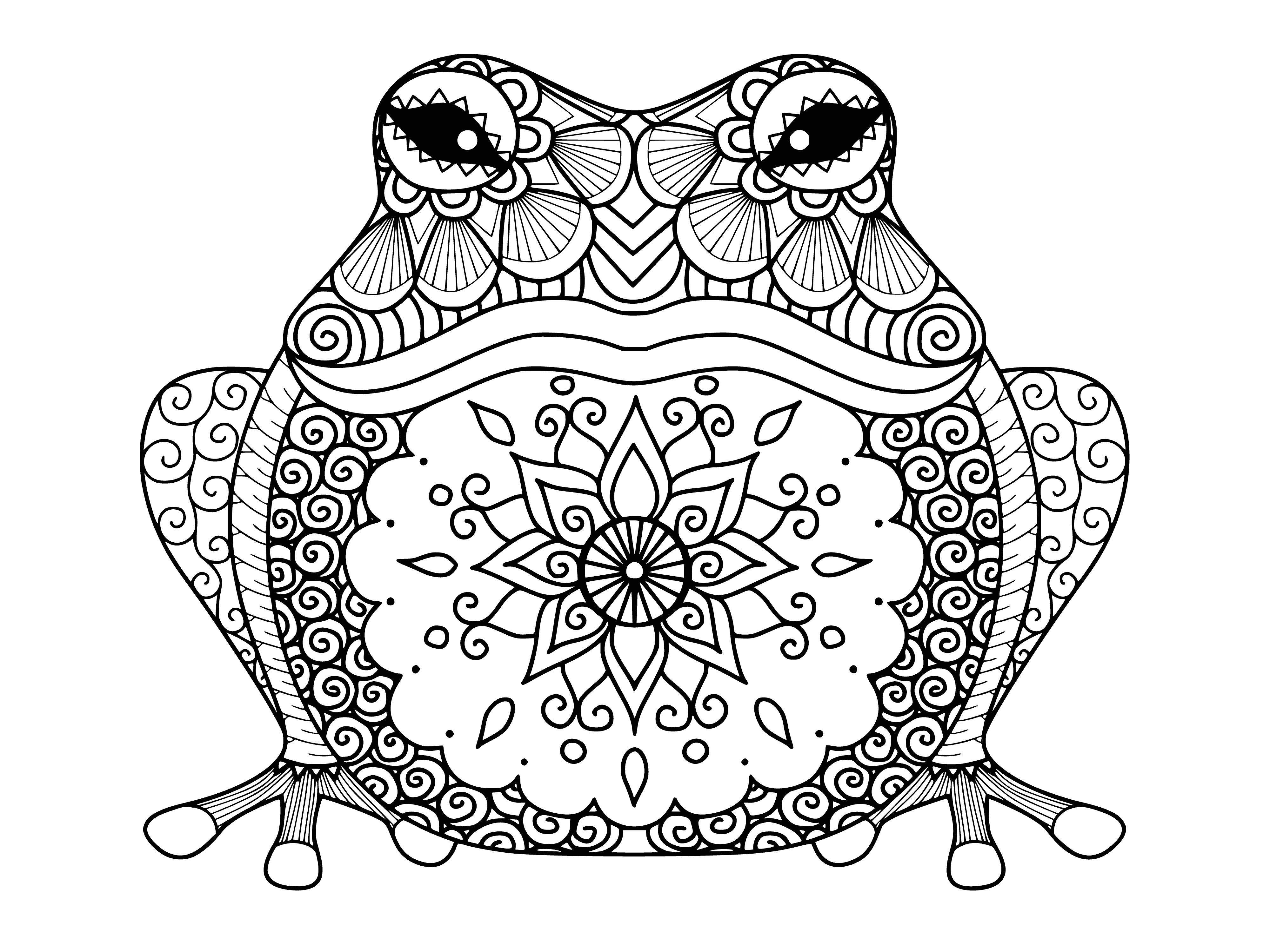 coloring page: Frog on lily pad in pond with butterfly, smiling happily.