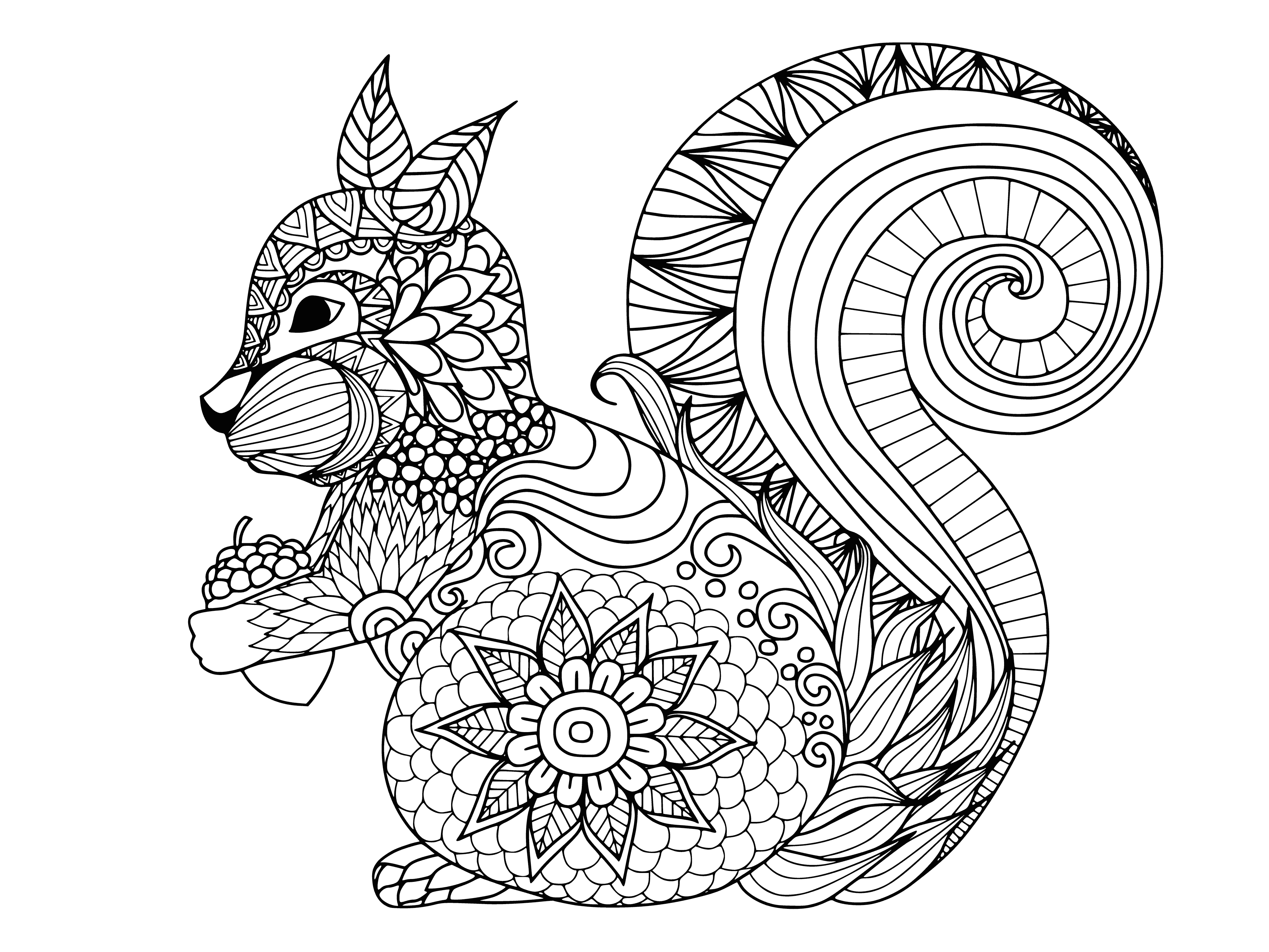 coloring page: Squirrel snoozing on branch against swirl of greens and browns.