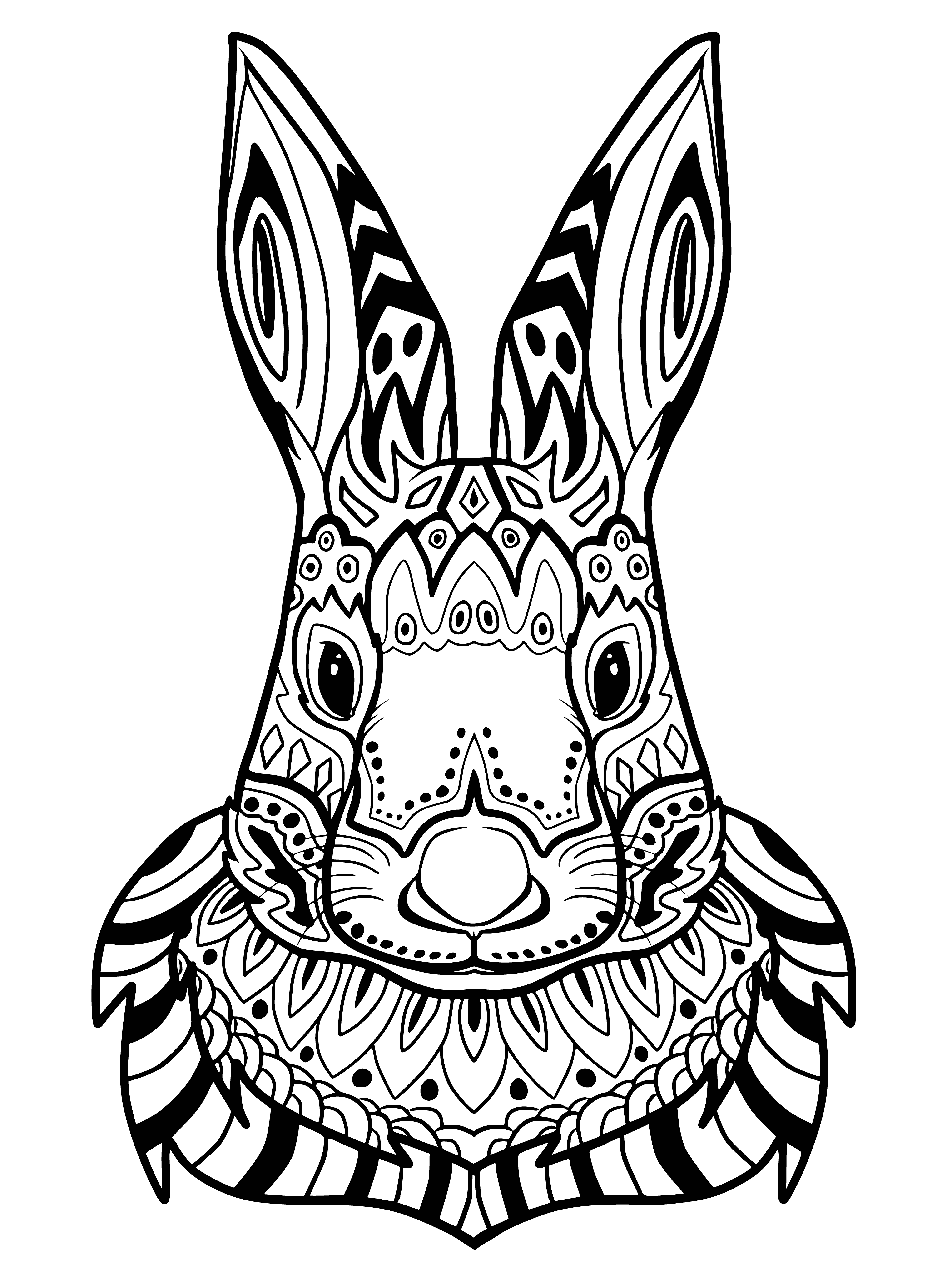 coloring page: A hare enjoys the peaceful garden, eyes closed, face content in a flower-filled world.