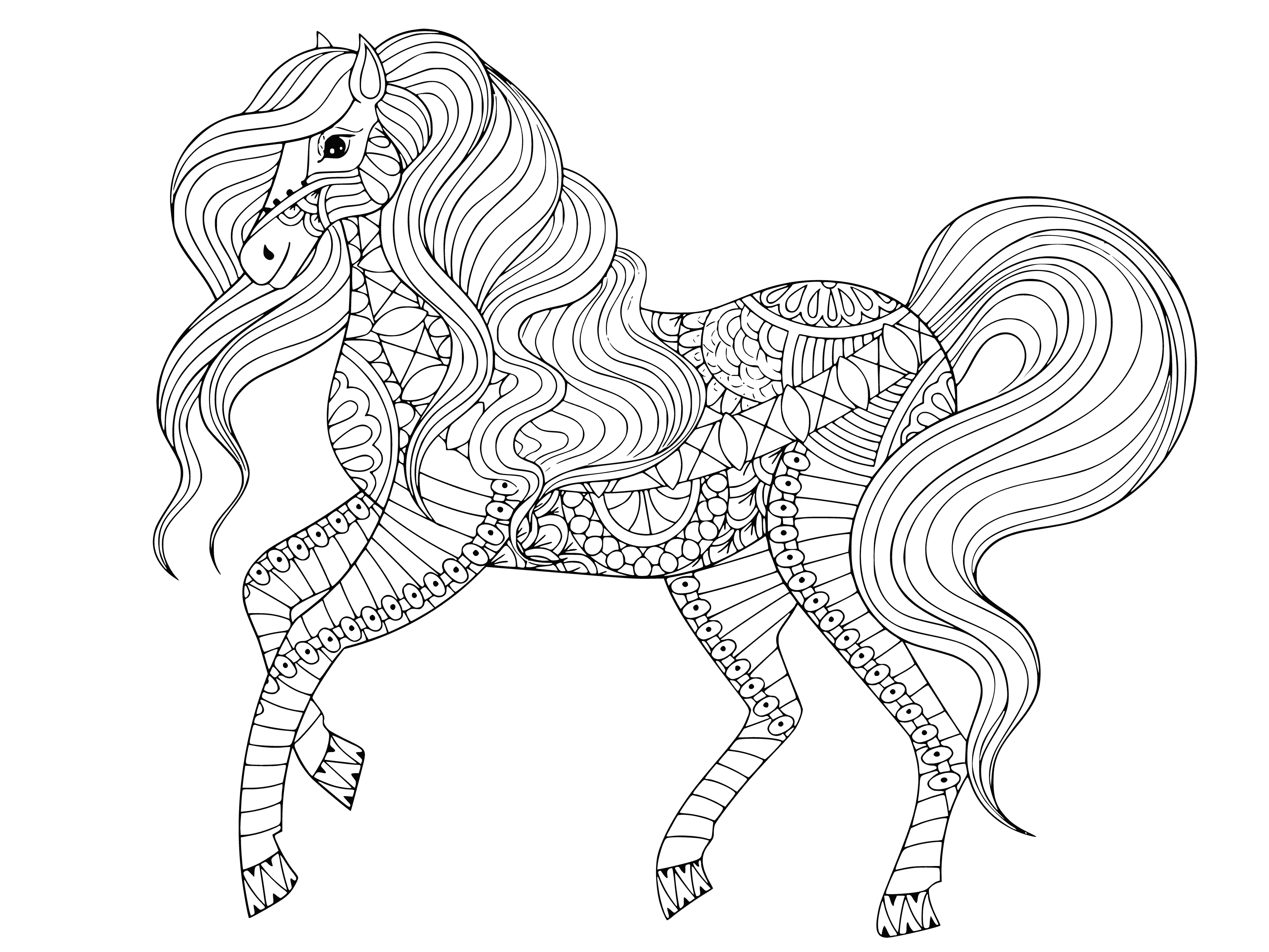 coloring page: Large horse in green field: brown & white, long tail & mane. #equine #horses
