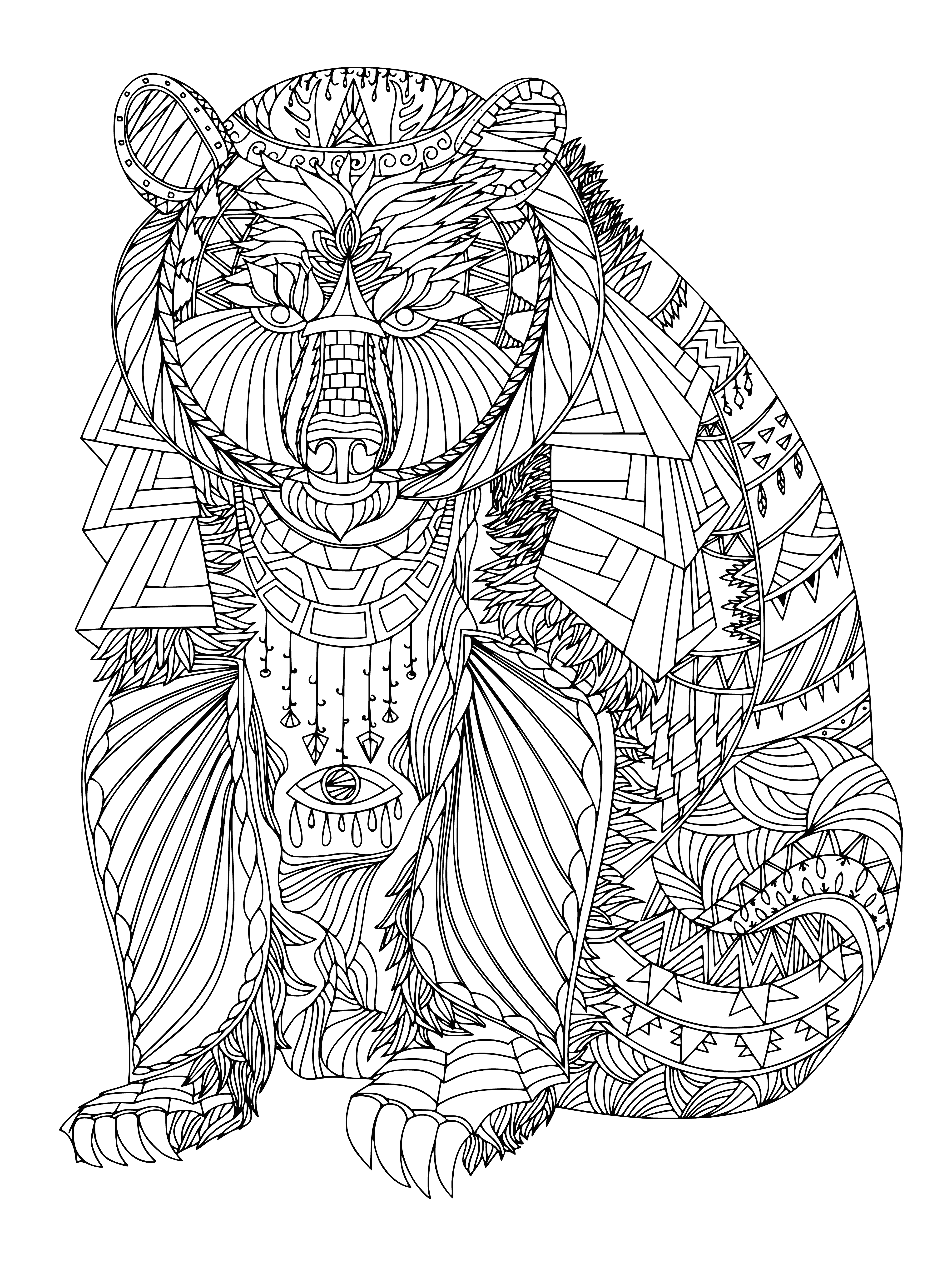 coloring page: Happy bear surrounded by calming animals in a soft coloring page perfect for relaxation and destressing.