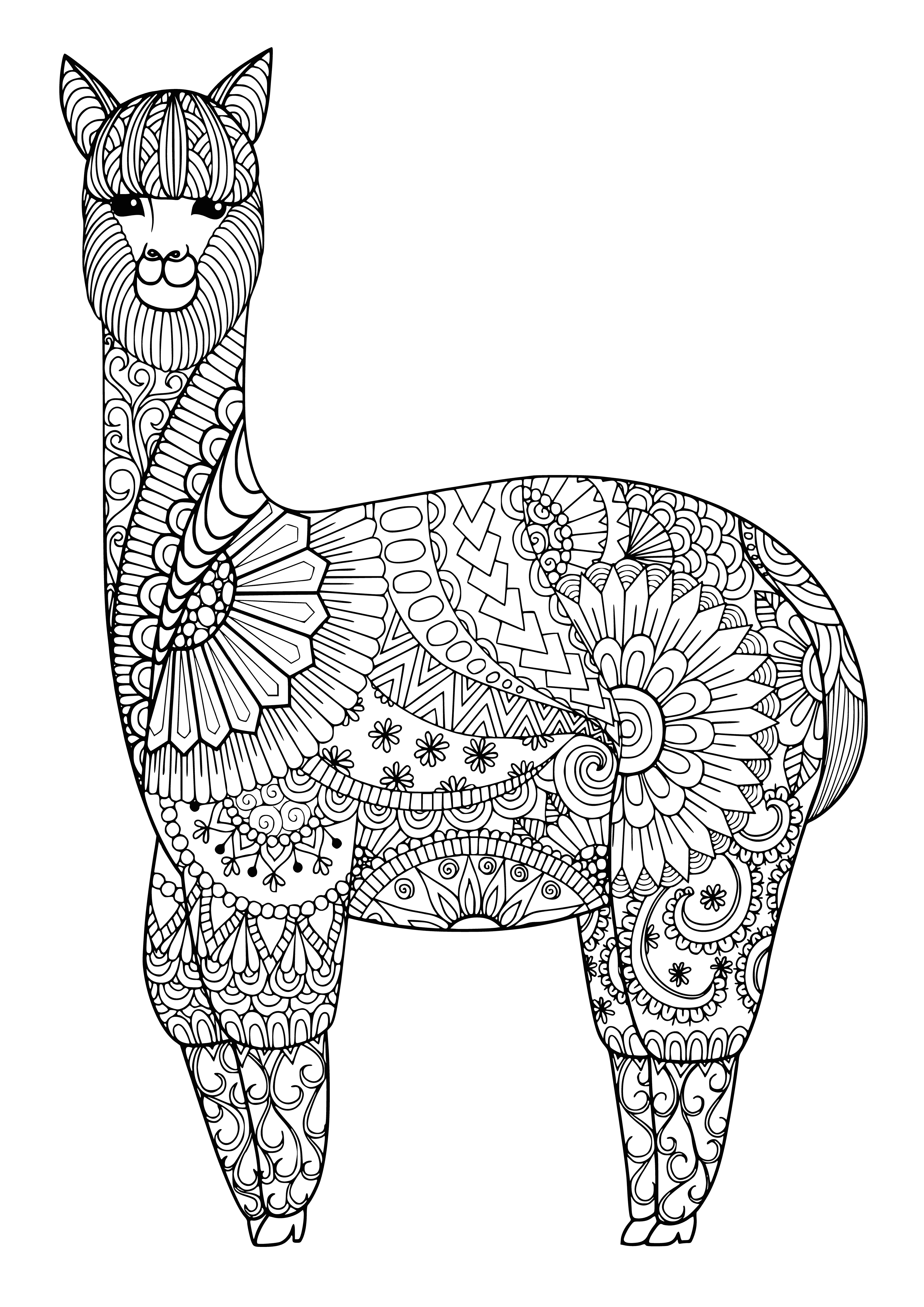 coloring page: Coloring pages of a peaceful llama in a scenic landscape, perfect for de-stressing. #AdultColoring