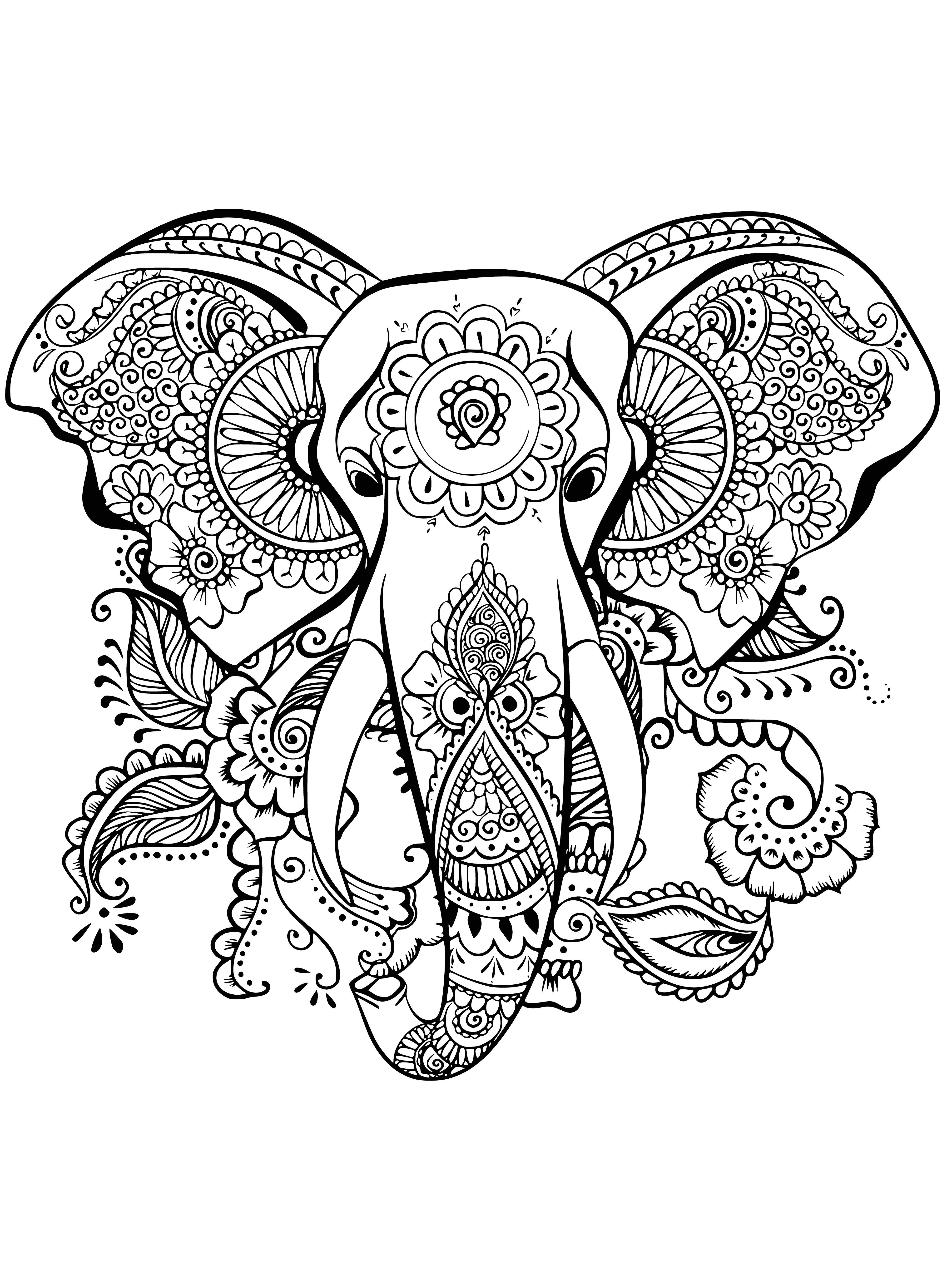 coloring page: Large gray elephant with black spots, long curved trunk, 2 small eyes, white tusks, and a big mouth.