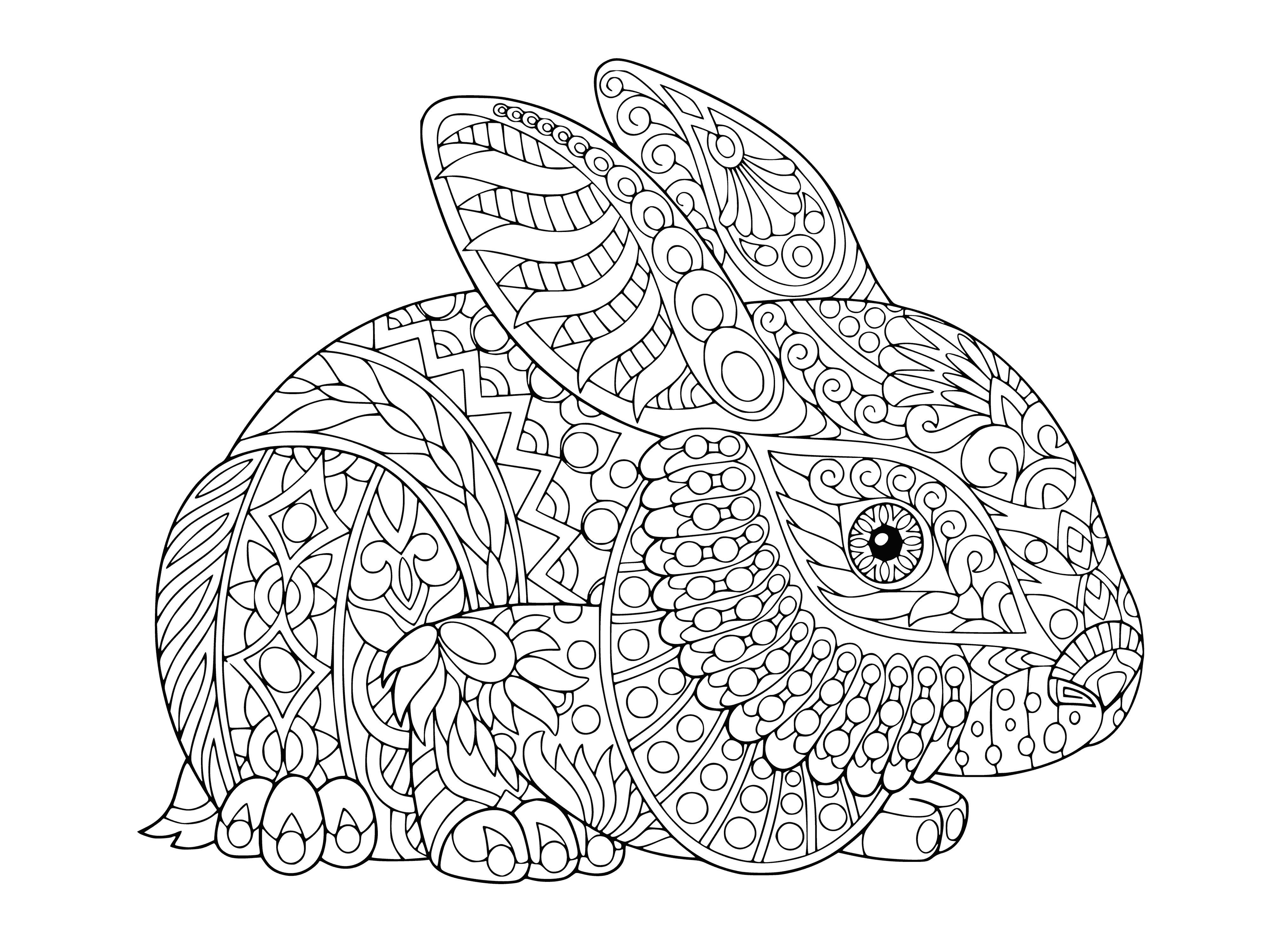 coloring page: Hare grooms w/front paws, has long black ears, black nose, brown fur, and a tail.