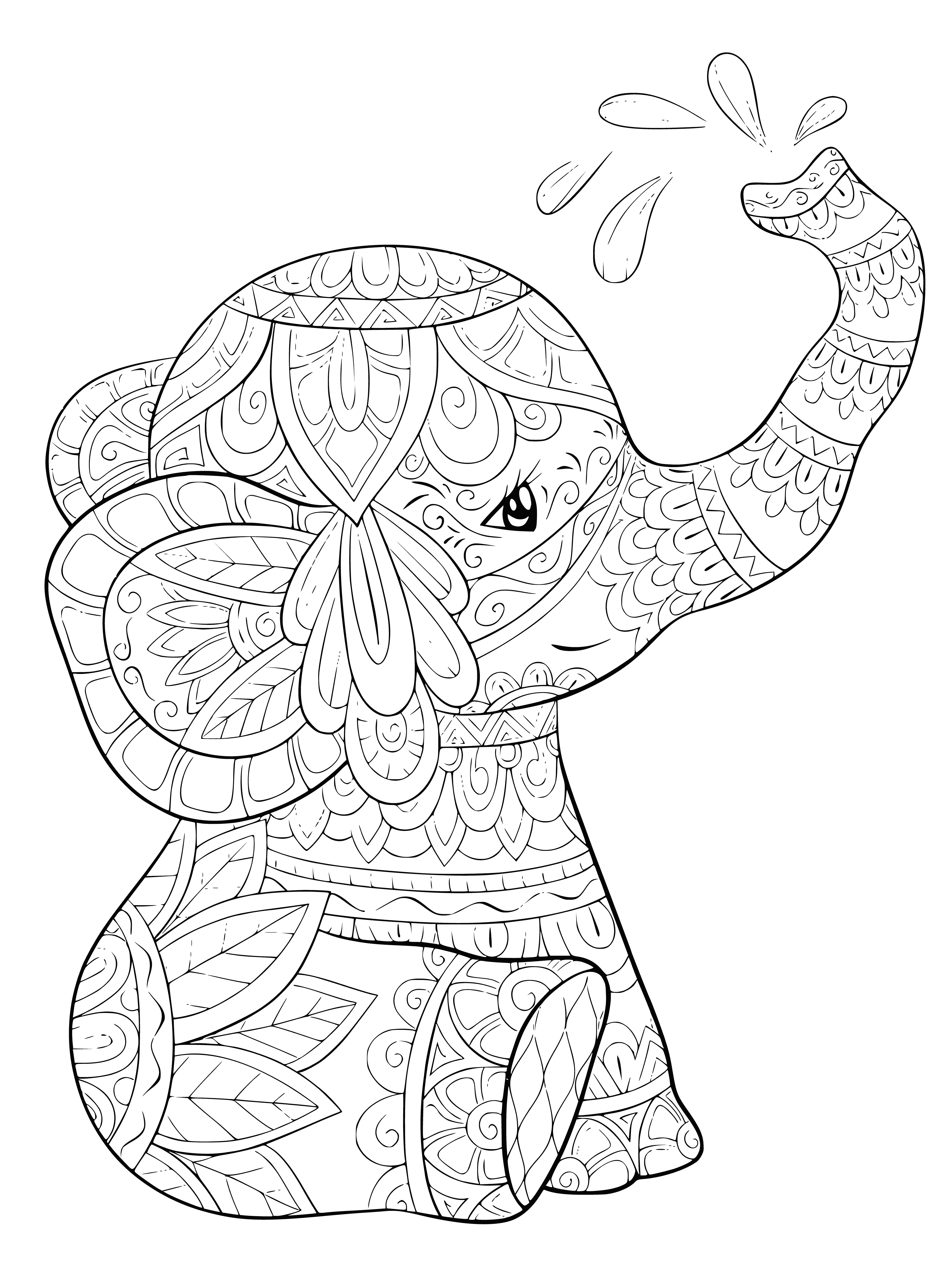 coloring page: A baby elephant in the center of the page with colorful surrounding animals and plants.